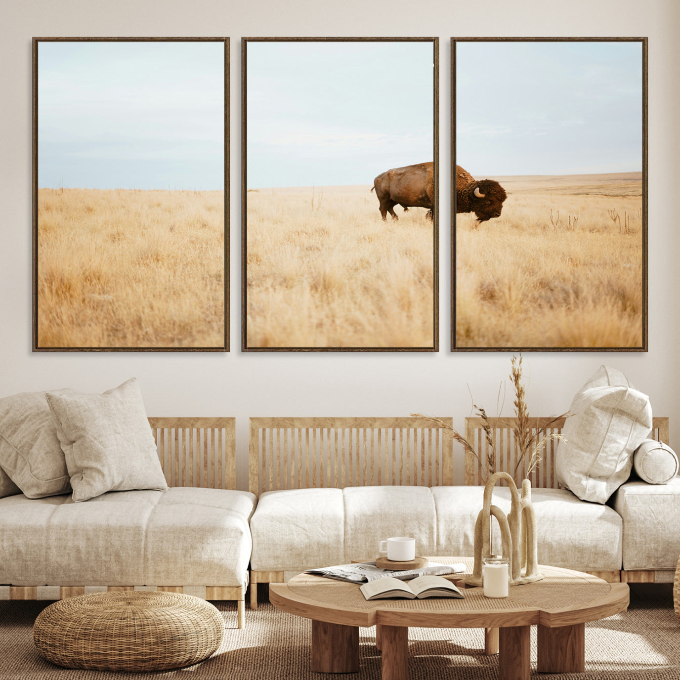 -Buffalo Wall Art Canvas Print – Framed Western Wildlife Rustic Prairie Scene Nature Artwork for Home Office