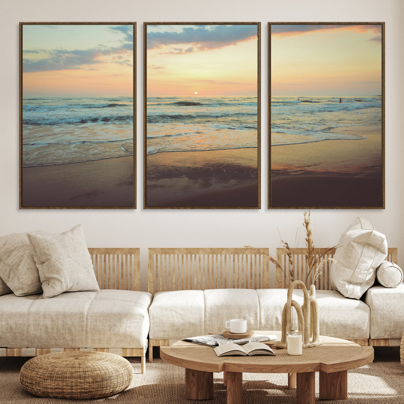 -Sunset Seascape Wall Art Canvas Print – Framed Pastel Ocean View Tranquil Beach Scene Nature Artwork for Home Office