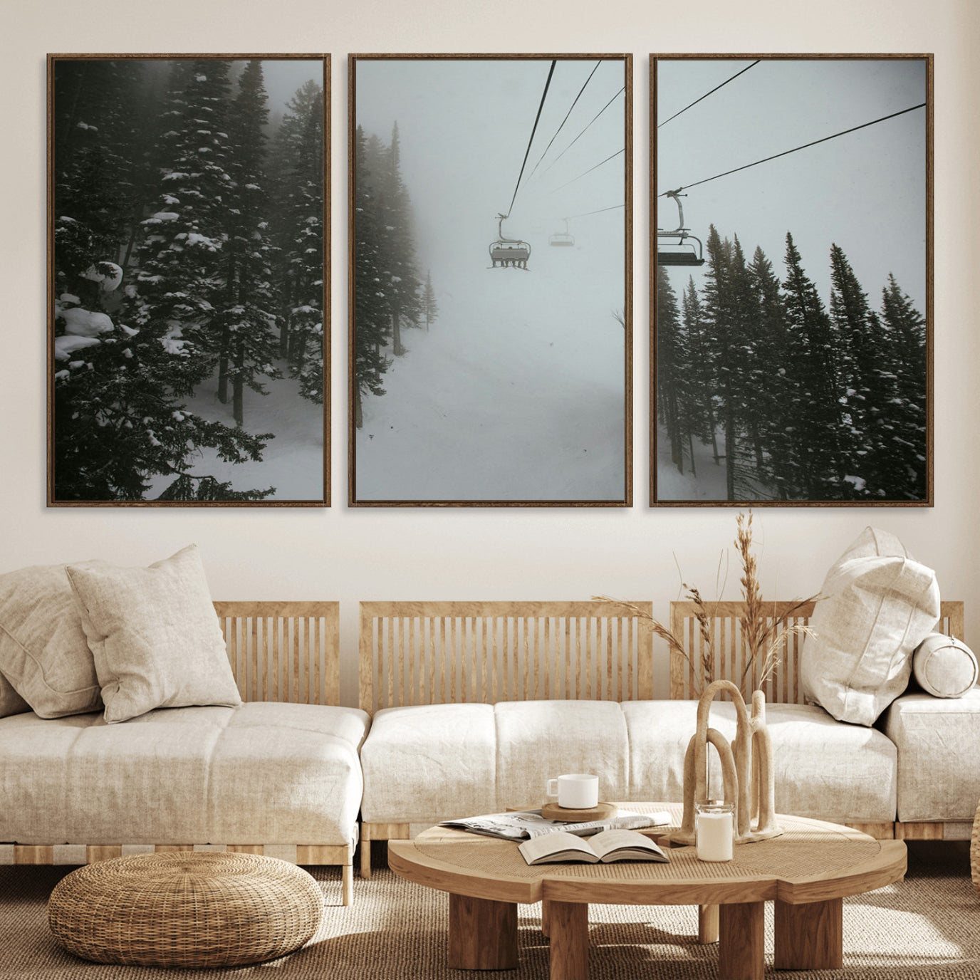 87018452-MGV-FC-60X30-3P_Walnut-Ski Lift Wall Art Canvas Print – Snowy Pines Misty Landscape Winter Serenity Artwork for Home, Office Decor