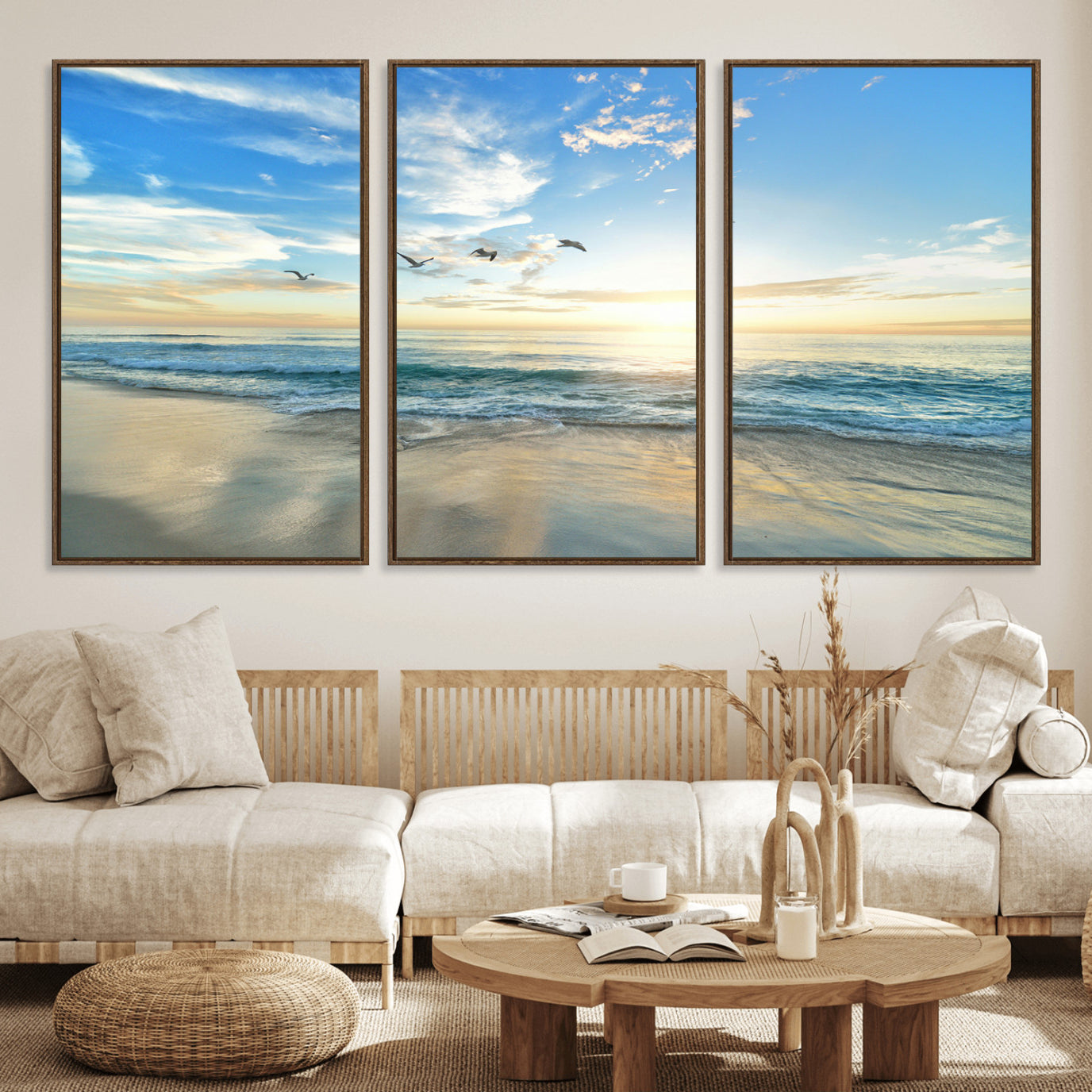 20708696-MGV-FC-60X30-3P_Walnut-Minimalist Seaside Wall Art Canvas Print – Morning Glow Golden Reflections Coastal Nature Artwork for Home, Office