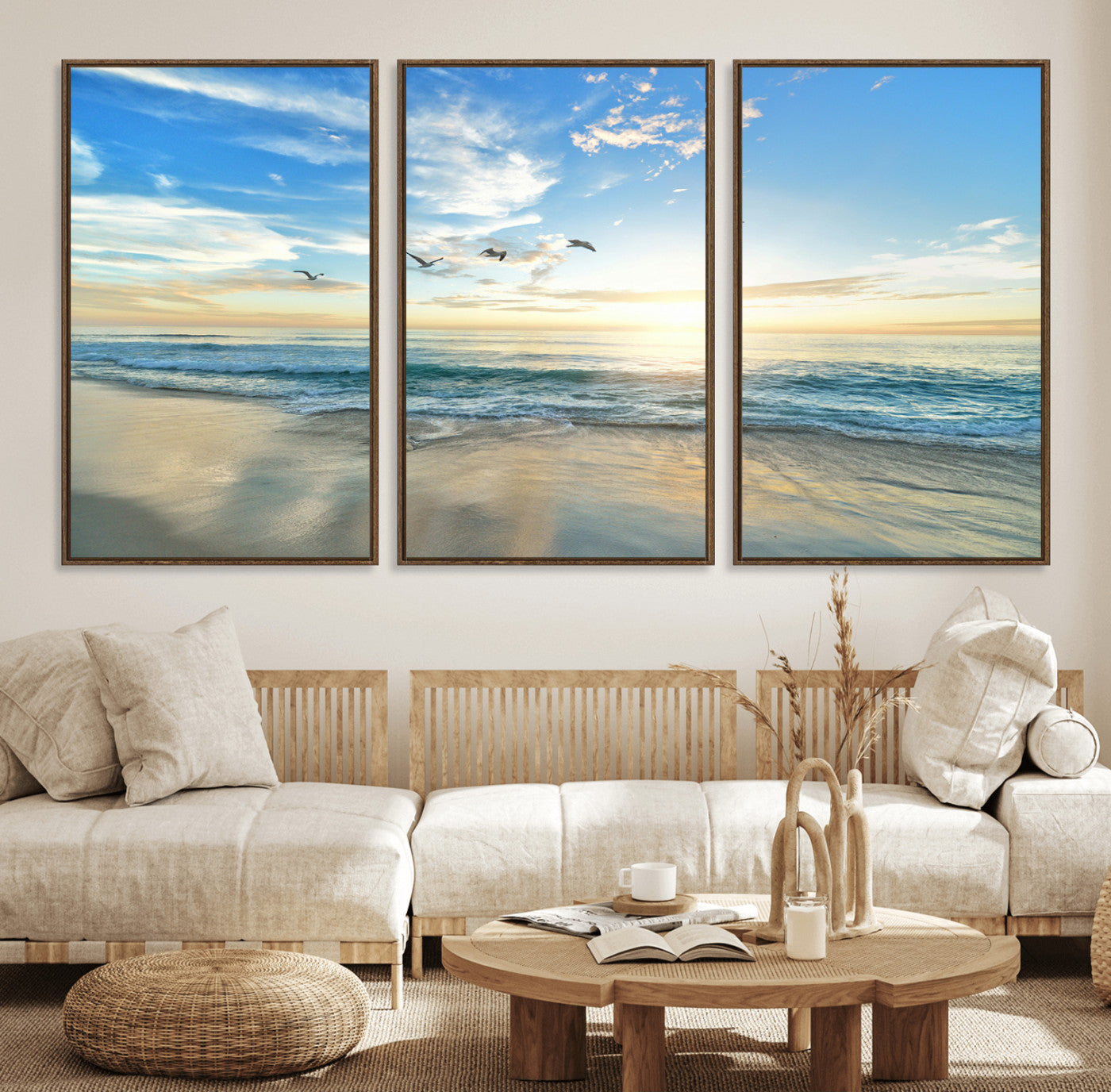 20708696-MGV-FC-60X30-3P_Walnut-Minimalist Seaside Wall Art Canvas Print – Morning Glow Golden Reflections Coastal Nature Artwork for Home, Office