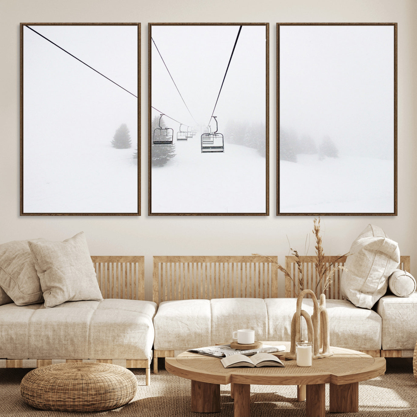 20216390-MGV-FC-60X30-3P_Walnut-Ski Lift Wall Art Canvas Print – Snowy Alpine Landscape Nordic Adventure Winter Mountains Artwork for Home, Office