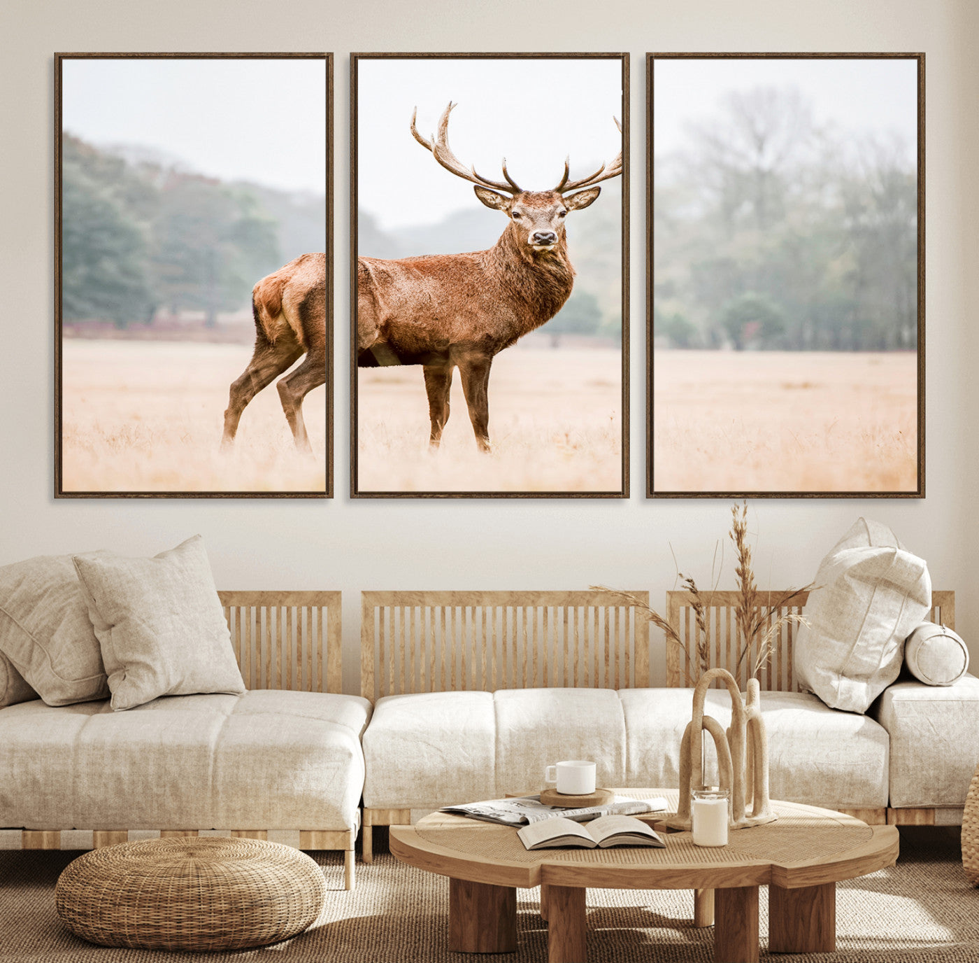 86502413-MGV-FC-60X30-3P_Walnut-Vintage Wildlife Wall Art Canvas Print – Misty Landscape Deer Rustic Nature Photography Artwork for Home, Office