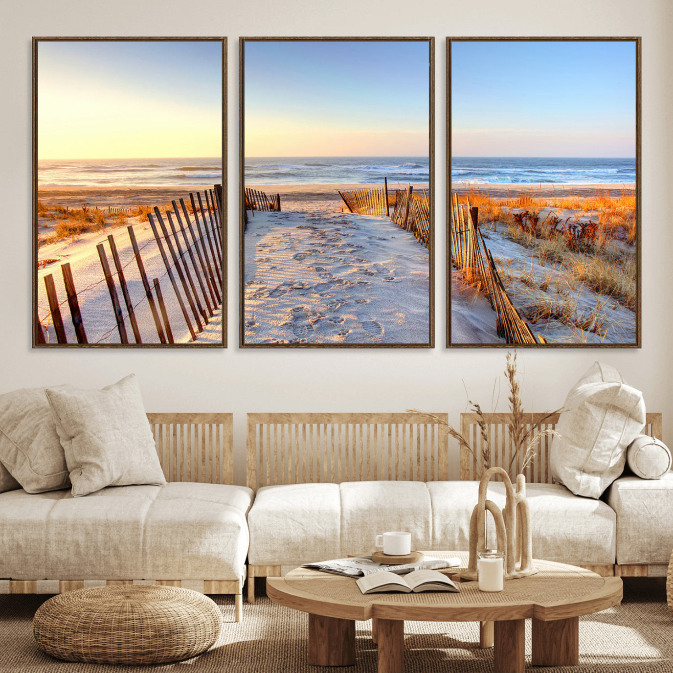 73351887-MGV-FC-60X30-3P_Walnut-Ocean Sunset Wall Art Canvas Print – Nautical Beach Photography Summer Coastal Serenity Artwork for Home, Office