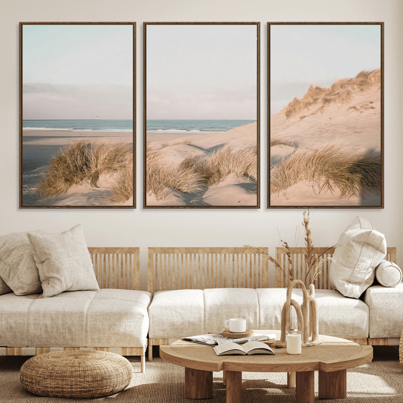 11554211-MGV-FC-60X30-3P_Walnut-Beach Landscape Wall Art Canvas Print – Framed Sand Dune Photography Minimalist Seascape Artwork for Home Office