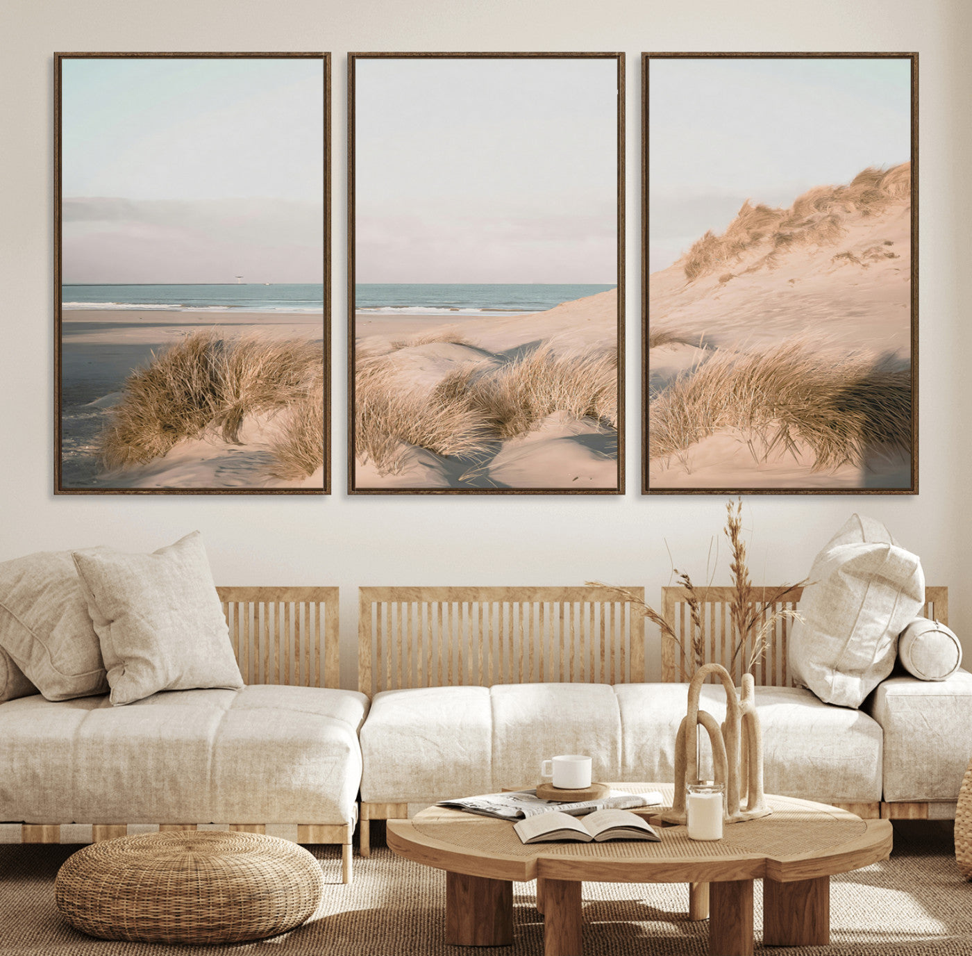 11554211-MGV-FC-60X30-3P_Walnut-Beach Landscape Wall Art Canvas Print – Framed Sand Dune Photography Minimalist Seascape Artwork for Home Office