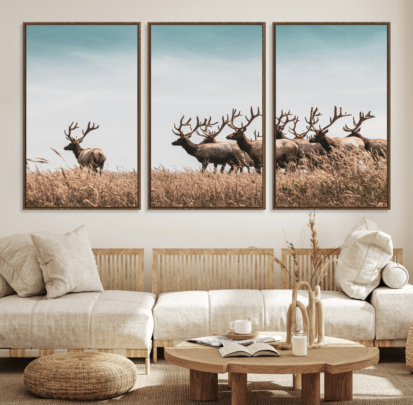 81594705-MGV-FC-60X30-3P_Walnut-Elk Herd Wall Art Canvas Print – Framed Wildlife Photography Rustic Nature Scene Artwork for Home, Office, Living Room