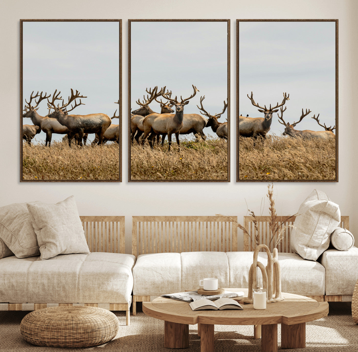 42170220-MGV-FC-60X30-3P_Walnut-Elk Herd Wall Art Canvas Print – Framed Wildlife Photography Majestic Antlers Nature Scene Artwork for Home Office