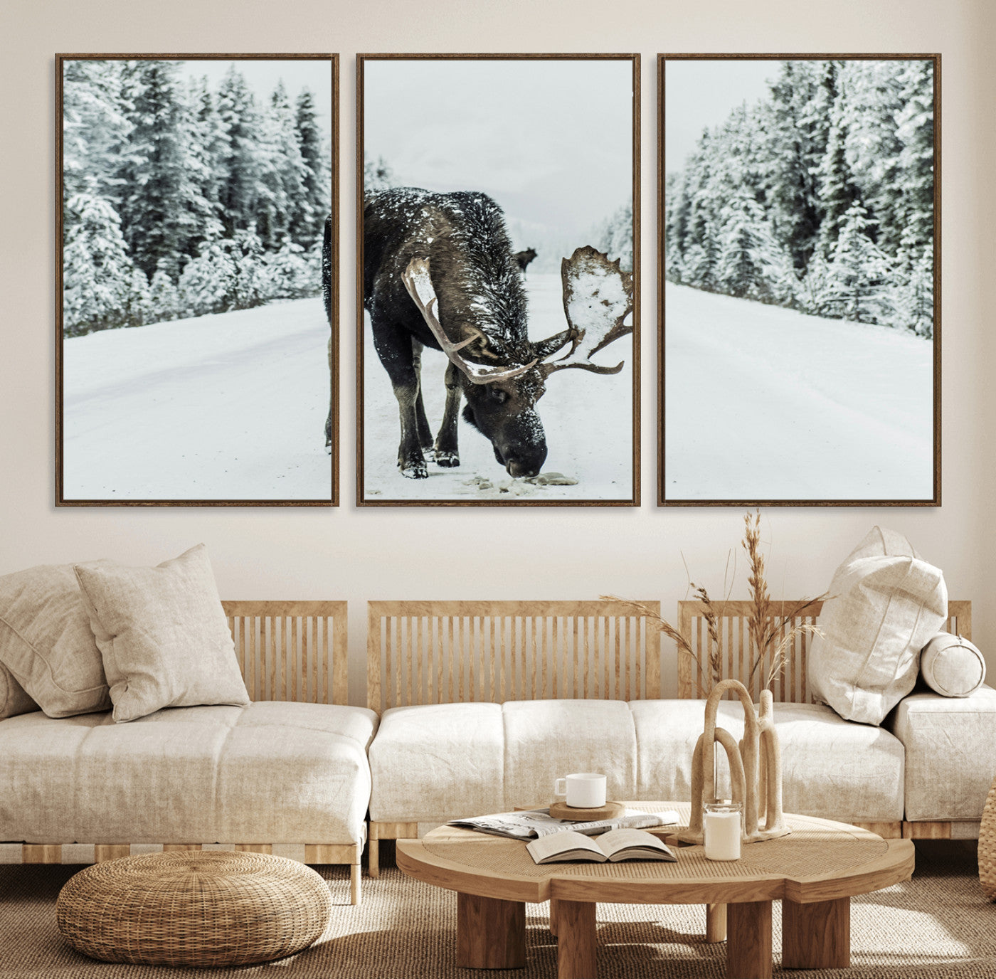 13316292-MGV-FC-60X30-3P_Walnut-Moose Snow Wall Art Canvas Print – Framed Winter Wildlife Snowy Forest Nature Scene Artwork for Home, Office, Living Room