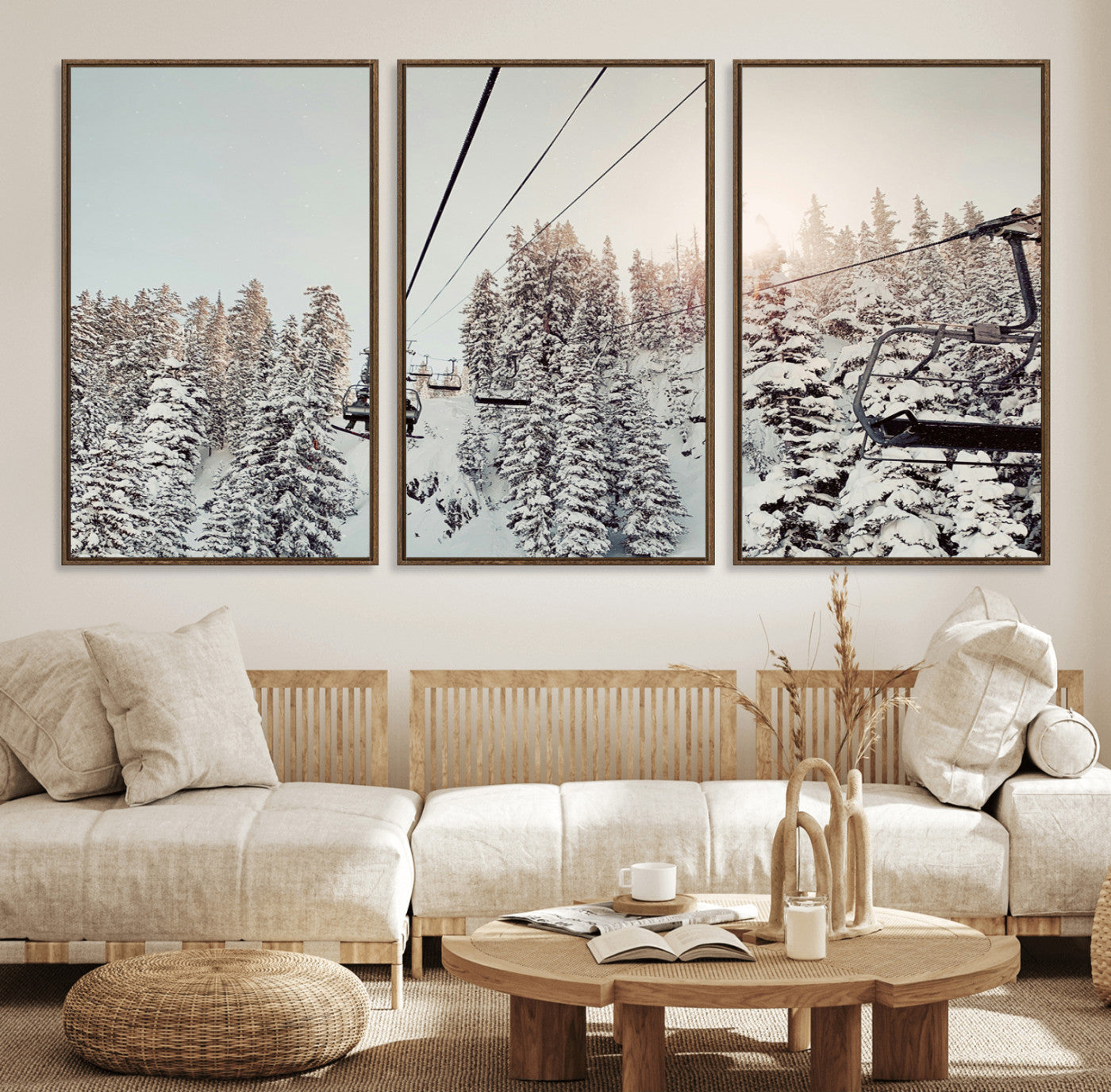91534512-MGV-FC-60X30-3P_Walnut-Frosty Pines Wall Art Canvas Print – Framed Cozy Cabin Ski Lift Ride Winter Scene Artwork for Home Office