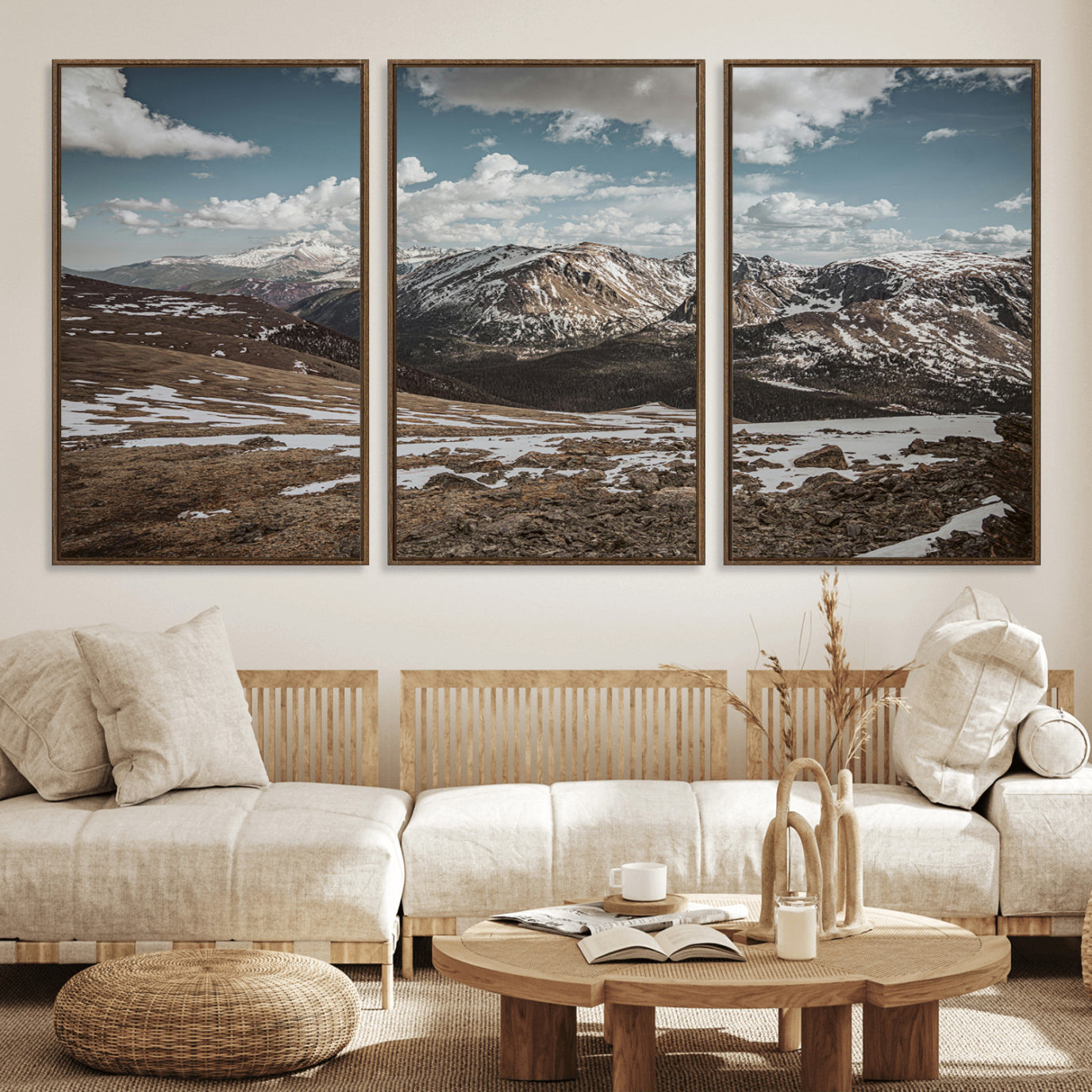 44565953-MGV-FC-60X30-3P_Walnut-Mountain Landscape Wall Art Canvas Print – Framed Snowy Peaks Rugged Highlands Nature Scene Artwork for Home Office