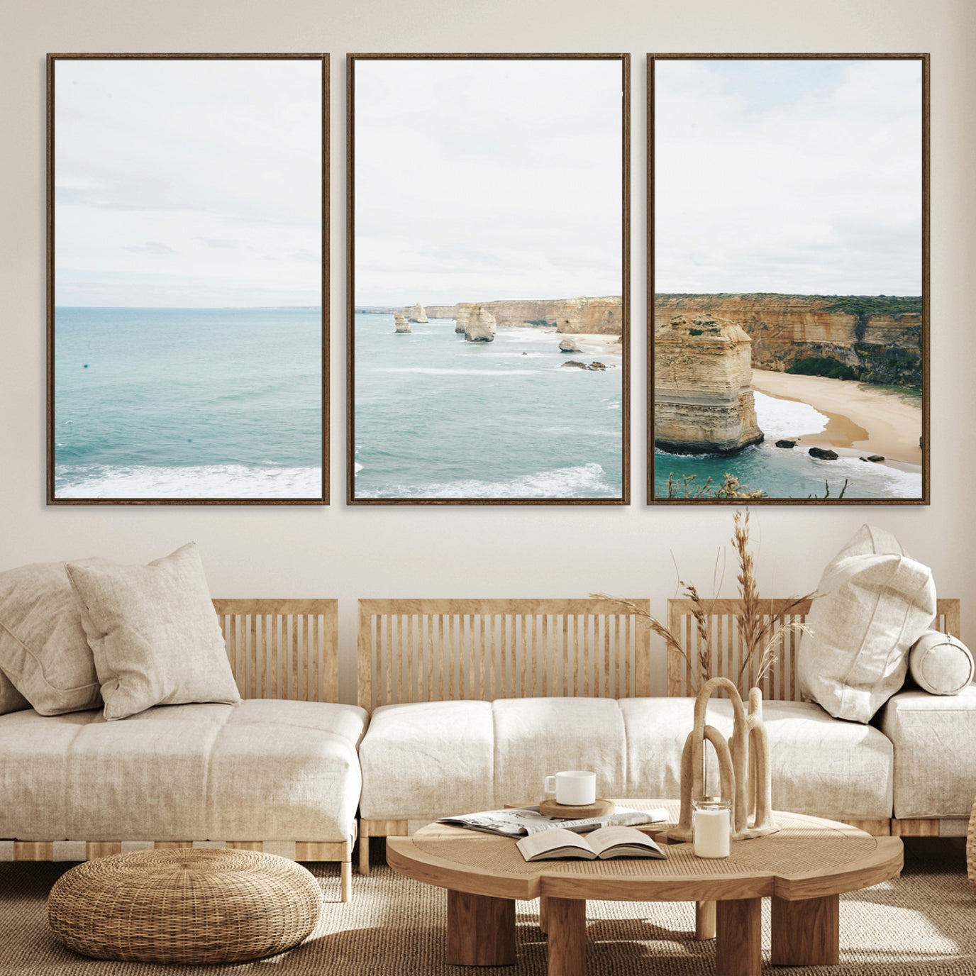 70095633-MGV-FC-60X30-3P_Walnut-Twelve Apostles Wall Art Canvas Print – Framed Coastal Cliffs Rugged Rock Formations Artwork for Home Office