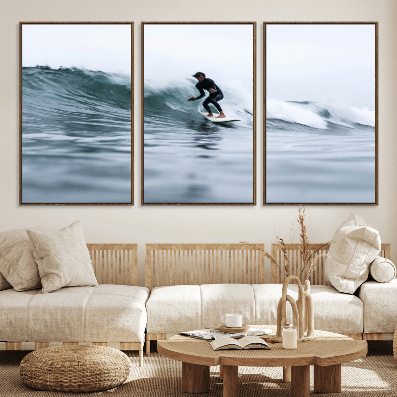 11693607-MGV-FC-60X30-3P_Walnut-Surfer on Wave Wall Art Canvas Print – Framed Ocean Adventure Motion Blur Water Coastal Action Artwork for Home, Office
