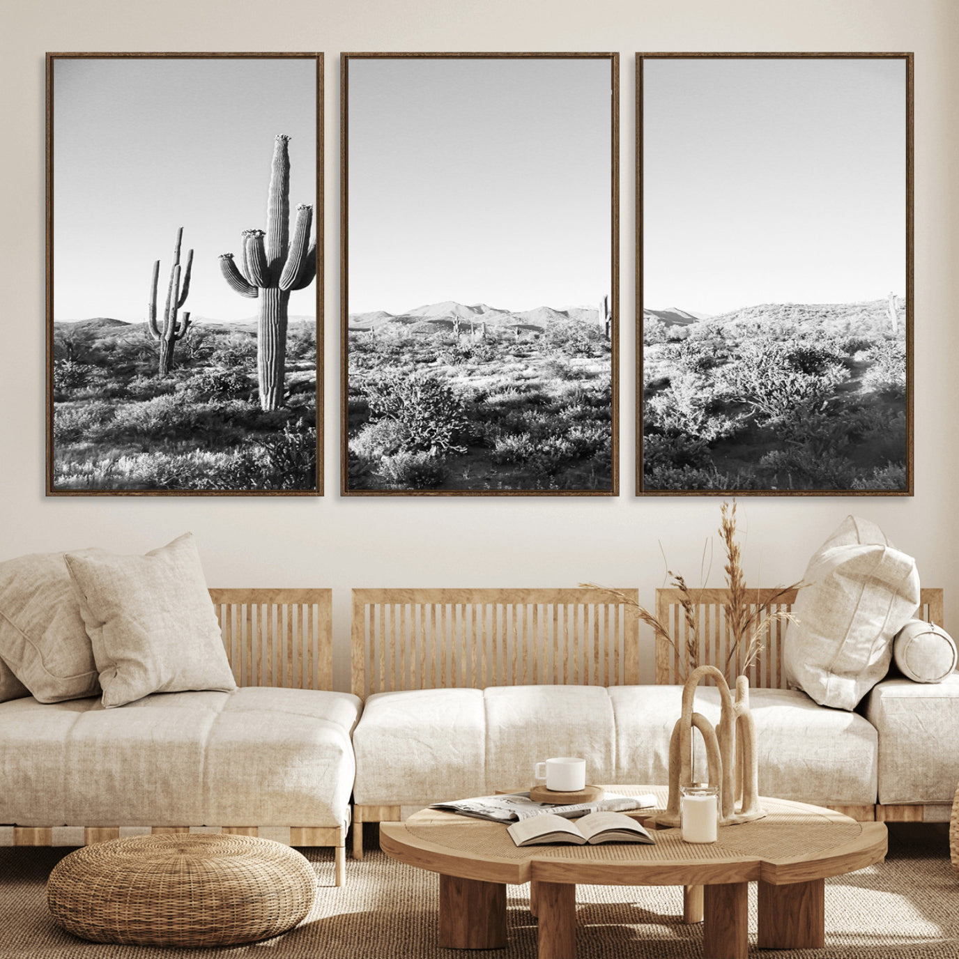 85205054-MGV-FC-60X30-3P_Walnut-Saguaro Cactus Wall Art Canvas Print – Framed Monochrome Landscape Scenic Arizona Minimalist Western Artwork for Home, Office
