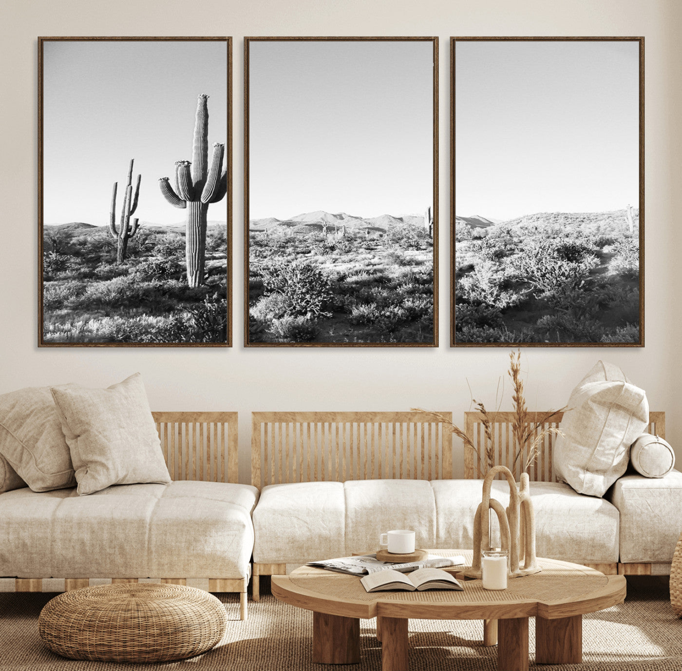 85205054-MGV-FC-60X30-3P_Walnut-Saguaro Cactus Wall Art Canvas Print – Framed Monochrome Landscape Scenic Arizona Minimalist Western Artwork for Home, Office
