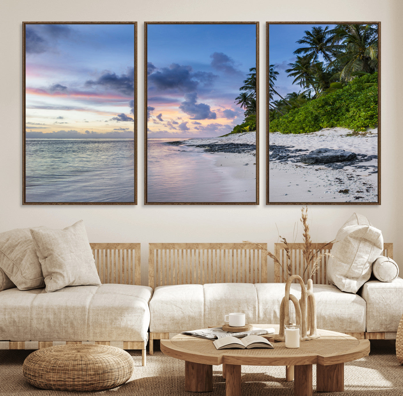 75045485-MGV-FC-60X30-3P_Walnut-Tropical Beach Wall Art Canvas Print – Framed Sunset Glow Palm Tree Coast Tropical Coastal Landscape Artwork for Home, Office