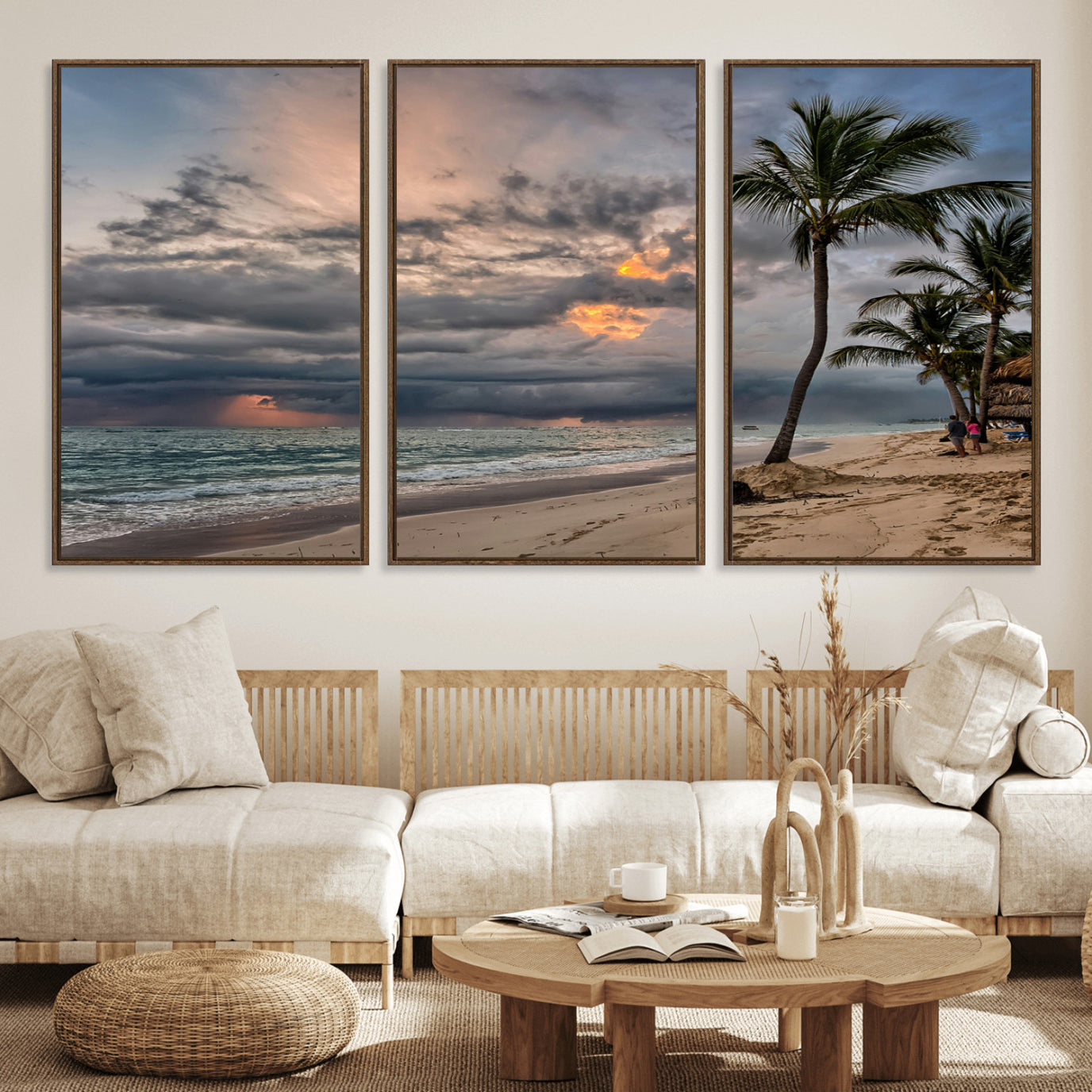 62574547-MGV-FC-60X30-3P_Walnut-Tropical Storm Wall Art Canvas Print – Framed Moody Beach Dramatic Sky Tropical Coastal Landscape Artwork for Home, Office