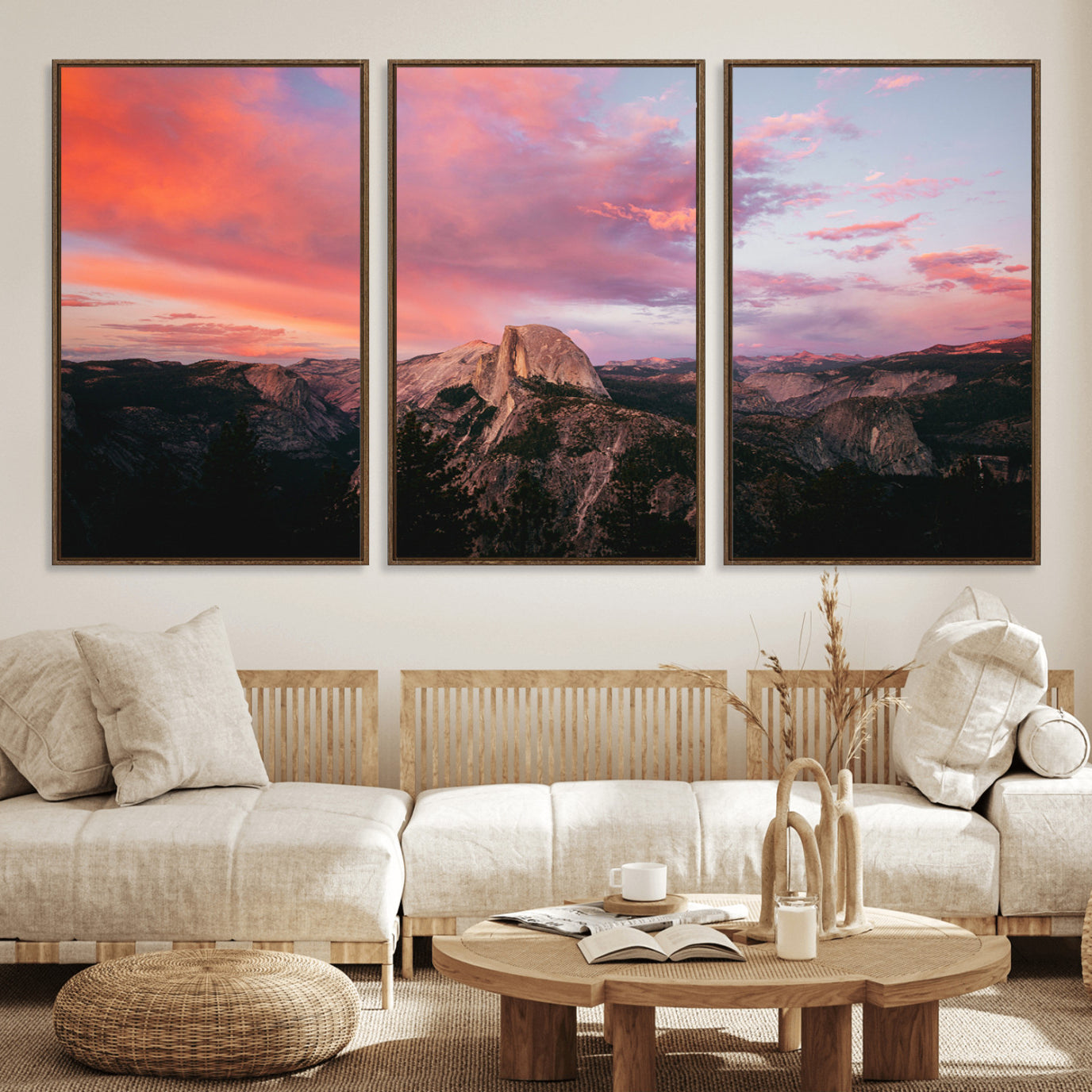 32786115-MGV-FC-60X30-3P_Walnut-Half Dome Wall Art Canvas Print – Framed Yosemite National Park Dramatic Sunset Adventurous Wilderness Artwork for Home, Office