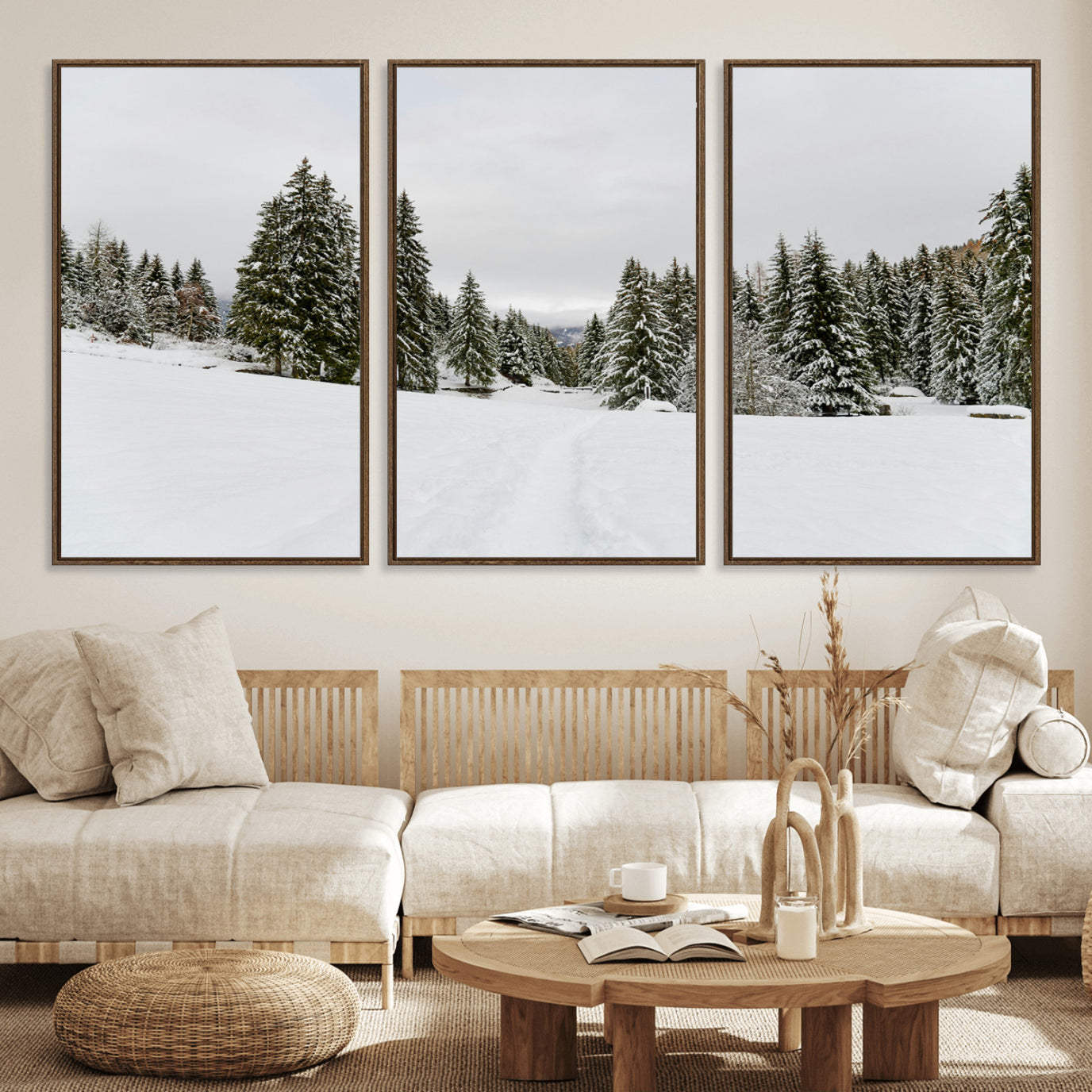 24581417-MGV-FC-60X30-3P_Walnut-Frosty Pines Wall Art Canvas Print – Framed Silent Snowfall Cozy Cabin Nordic Minimalist Winter Landscape Artwork for Home, Office