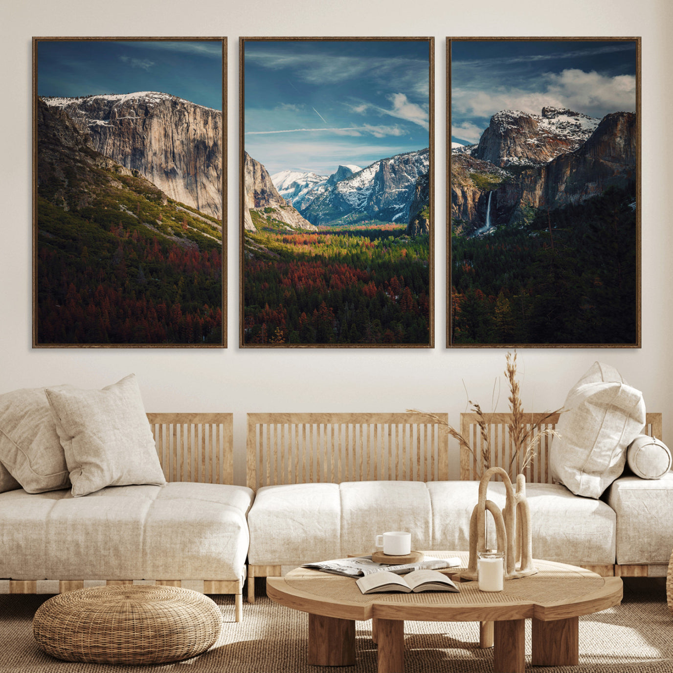 15244033-MGV-FC-60X30-3P_Walnut-Yosemite National Park Wall Art Canvas Print – Framed Mountain Landscape El Capitan Rustic Nature Artwork for Home, Office