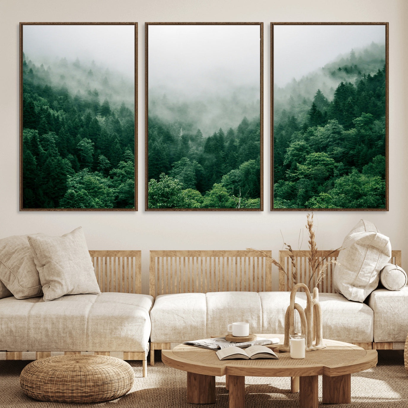 45265379-MGV-FC-60X30-3P_Walnut-Misty Green Forest Canvas Print – Framed Serene Foggy Pine Landscape Tranquil Nature Wall Art for Home, Office