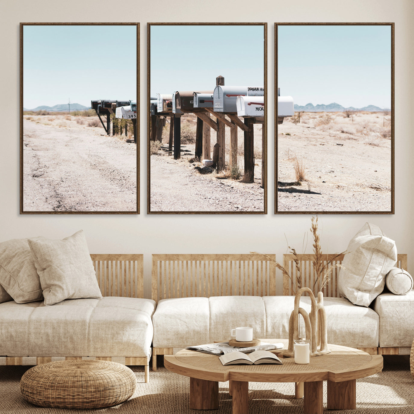 54616109-MGV-FC-60X30-3P_Walnut-Desert Mailboxes Canvas Print – Minimal Western Landscape Photography, Rustic Americana Wall Art for