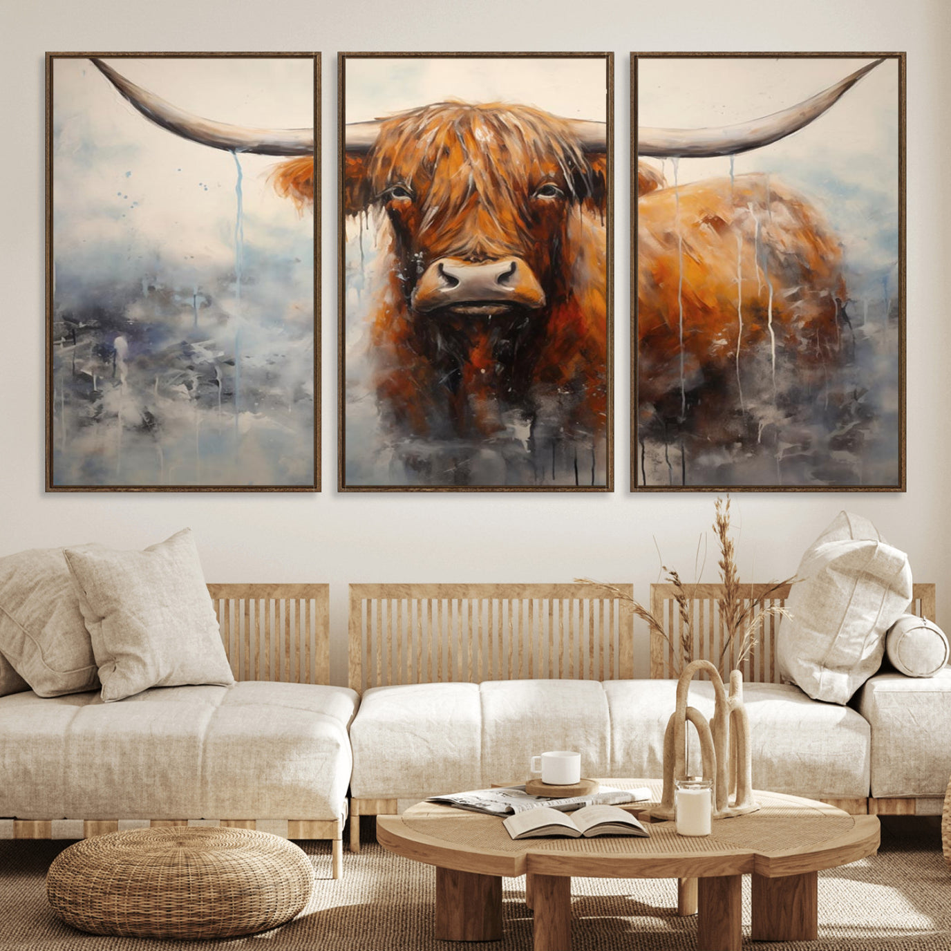 X61001-MGV-FC-60X30-3P_Walnut-Scottish Highland Wall Art Canvas Print, Framed Longhorn Art Picture Print, Western Cow Perfect Farmhouse Decor Artwork