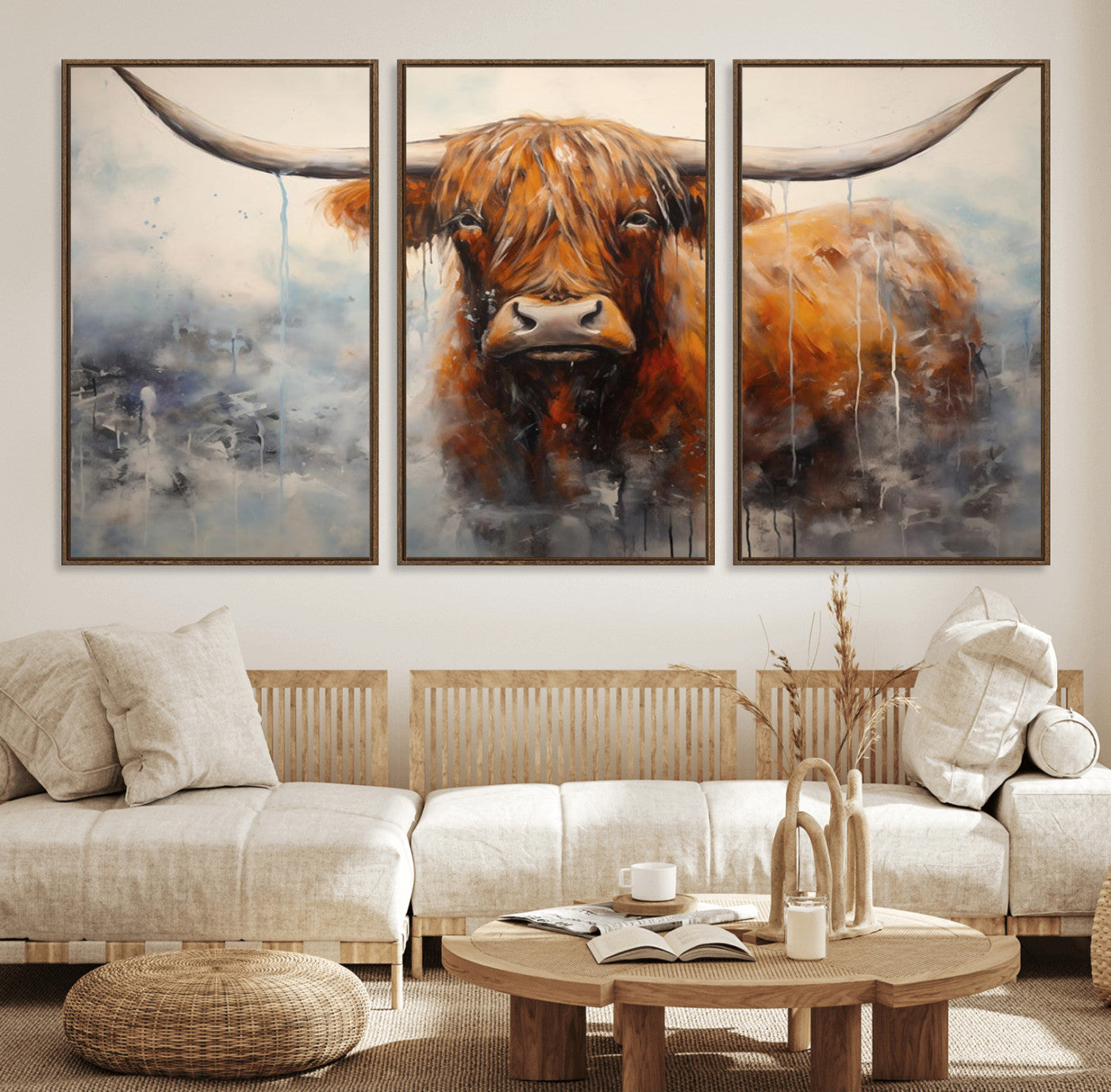 X61001-MGV-FC-60X30-3P_Walnut-Scottish Highland Wall Art Canvas Print, Framed Longhorn Art Picture Print, Western Cow Perfect Farmhouse Decor Artwork