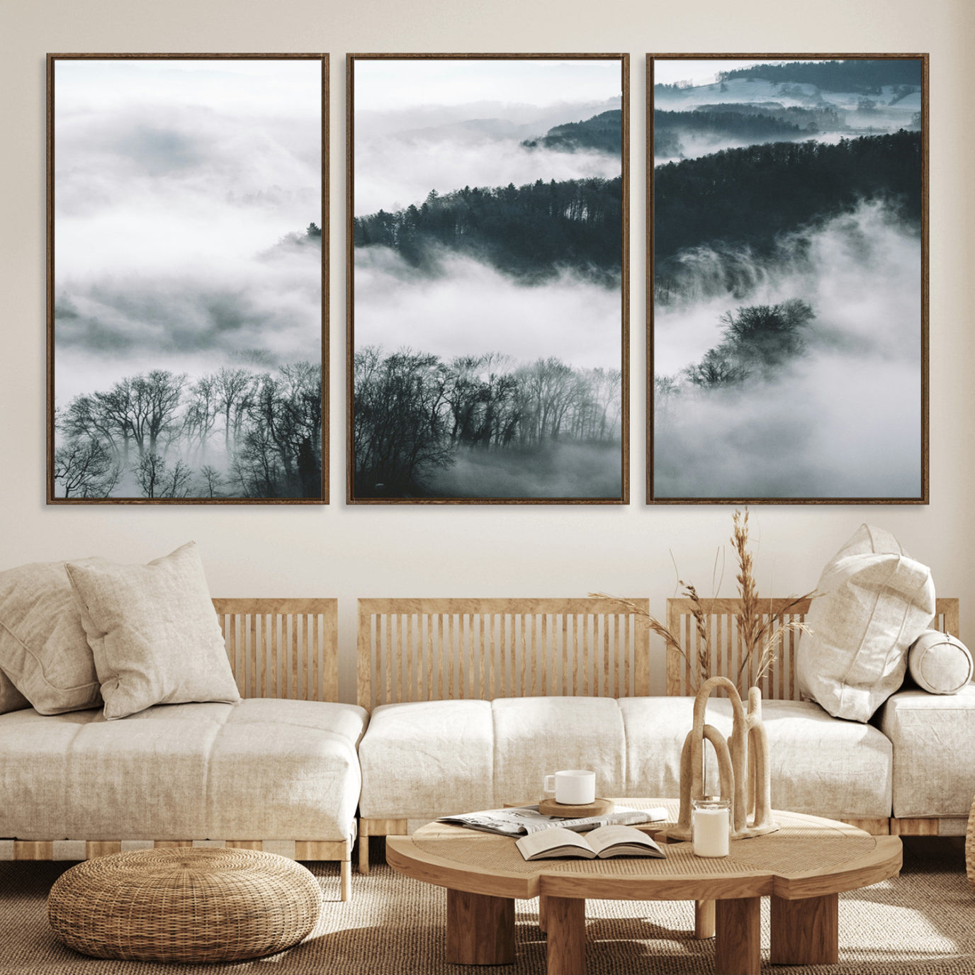 67569654-MGV-FC-60X30-3P_Walnut-Foggy Forest Landscape Wall Art Canvas Print – Misty Mountain Valley Scene Monochrome Tones Nature Artwork for Home Office