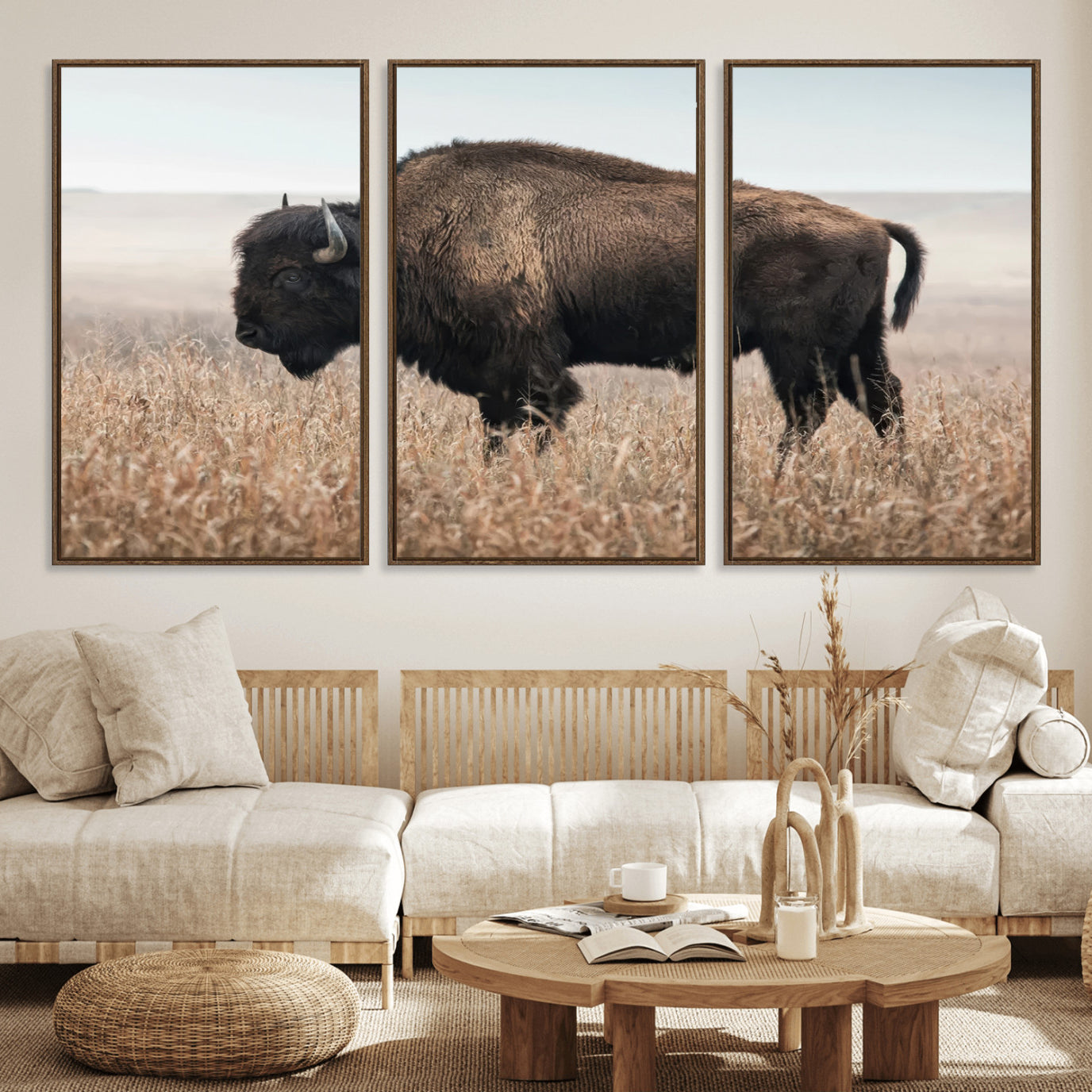 69909079-MGV-FC-60X30-3P_Walnut-American Bison Field Wall Art Canvas Print – Majestic Buffalo Grazing Wide Open Plains Wildlife Artwork for Home, Office
