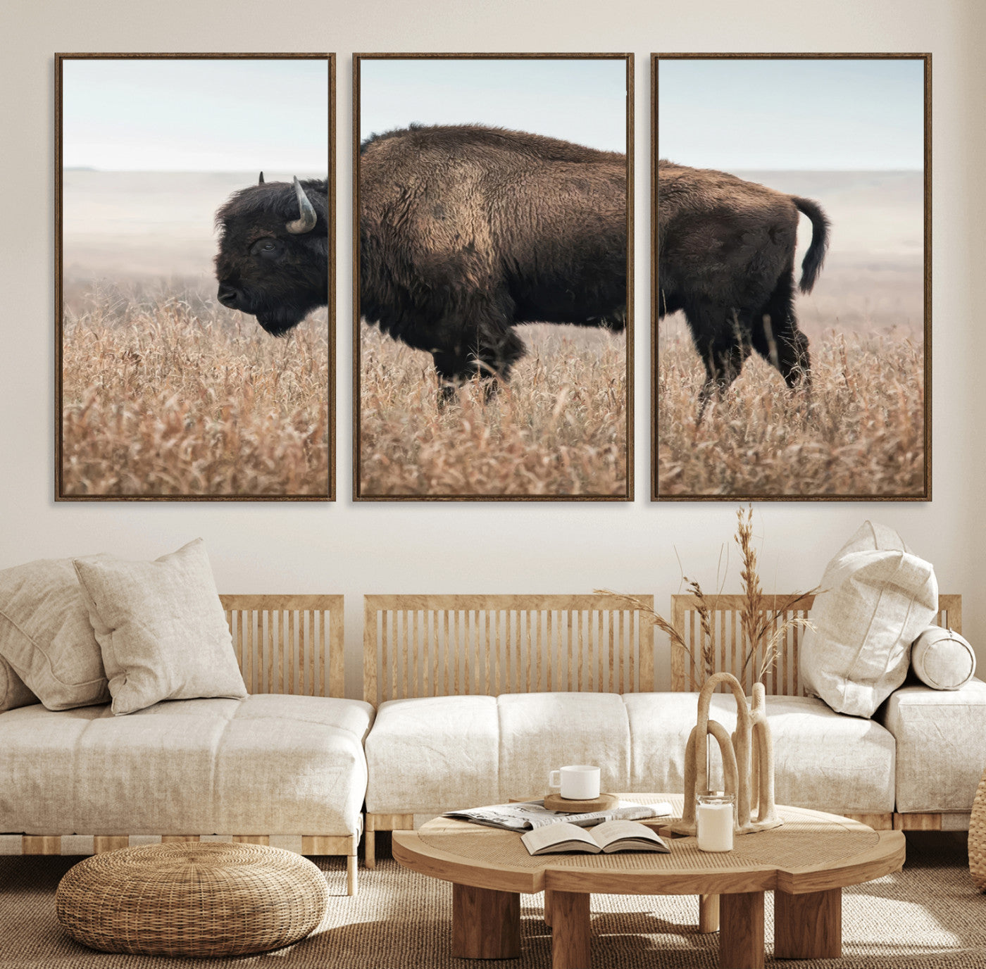 69909079-MGV-FC-60X30-3P_Walnut-American Bison Field Wall Art Canvas Print – Majestic Buffalo Grazing Wide Open Plains Wildlife Artwork for Home, Office