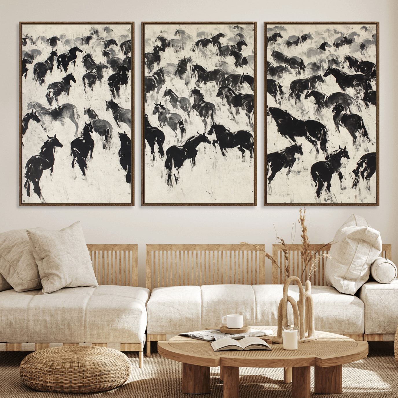 29265745-MGV-FC-60X30-3P_Walnut-Wild Horse Stampede Wall Art Canvas Print – Monochrome Running Horses Dynamic Motion Elegant Scene Artwork for Home, Office