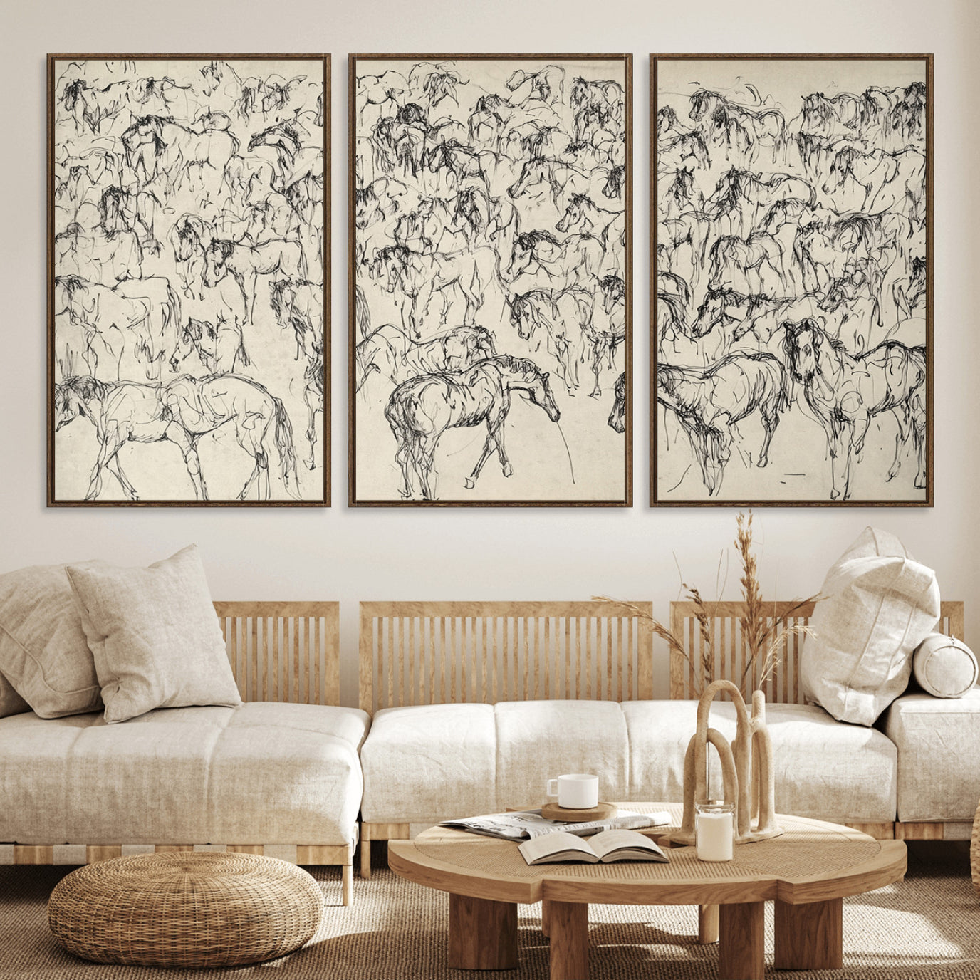 86653927-MGV-FC-60X30-3P_Walnut-Wild Horse Stampede Wall Art Canvas Print – Monochrome Running Horses Dynamic Motion Elegant Artwork for Home, Office