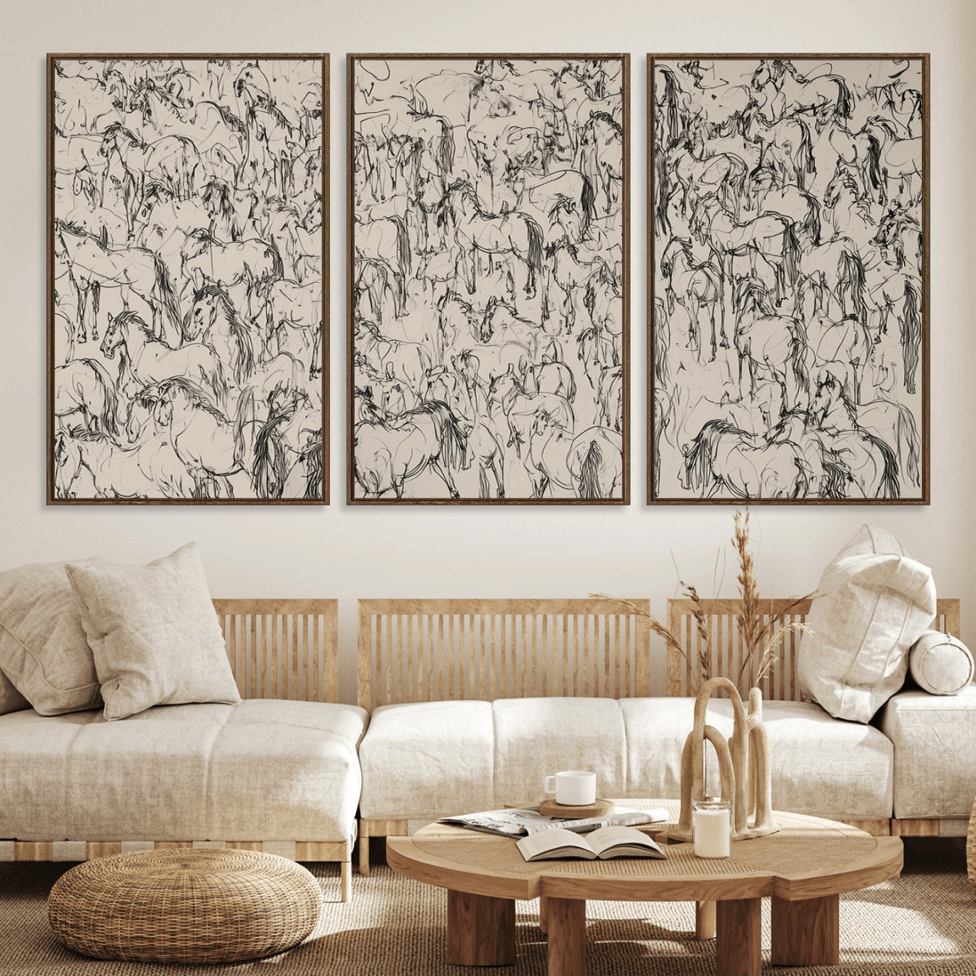 12358908-MGV-FC-60X30-3P_Walnut-Wild Horse Stampede Wall Art Canvas Print – Monochrome Running Horses Dynamic Motion Elegant Artwork for Home, Office