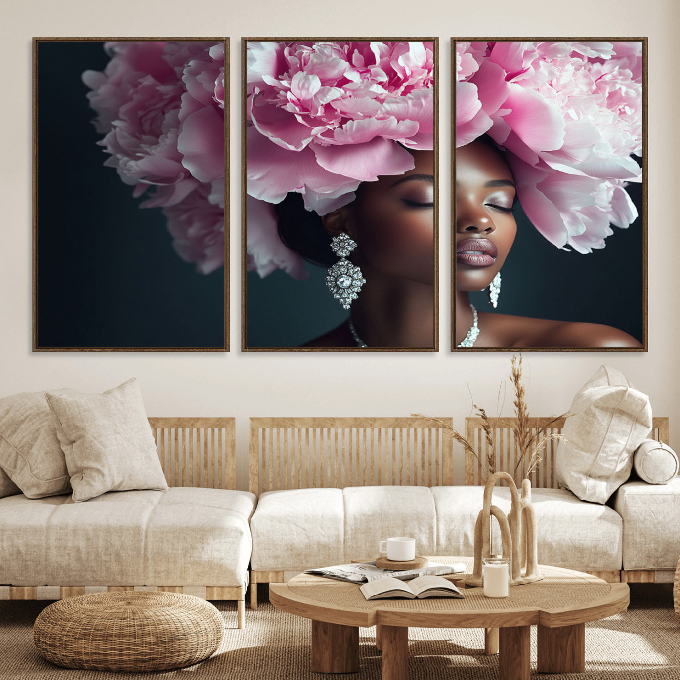 35482880-MGV-FC-60X30-3P_Walnut-Black Beauty Petal Crown Wall Art Canvas Print – Floral Petal Headpiece Elegant Design, Petal Inspired Artwork for Home, Office