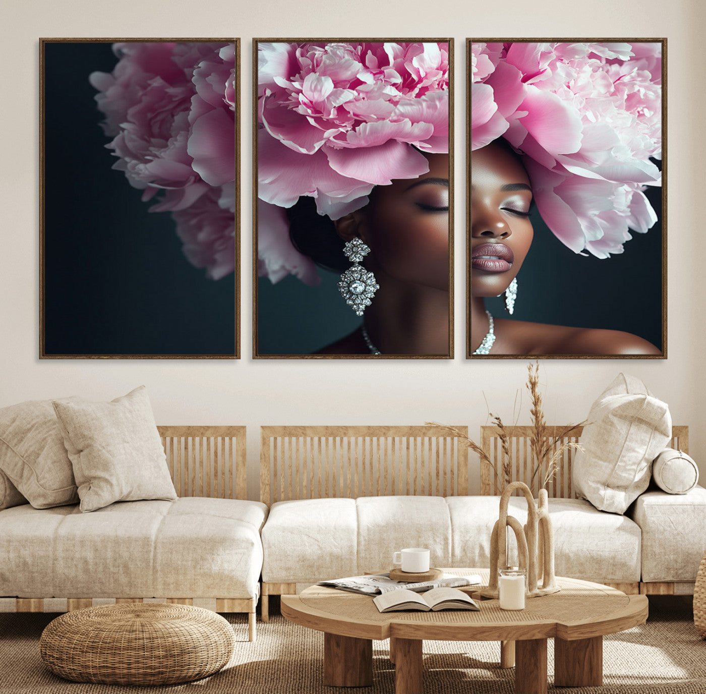 35482880-MGV-FC-60X30-3P_Walnut-Black Beauty Petal Crown Wall Art Canvas Print – Floral Petal Headpiece Elegant Design, Petal Inspired Artwork for Home, Office