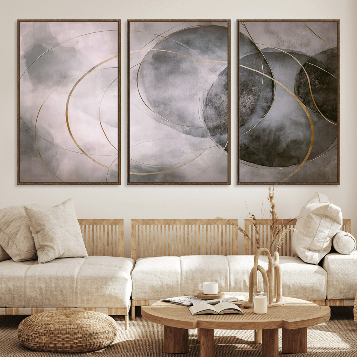 20066876-MGV-FC-60X30-3P_Walnut-Abstract Grey Gold Circle Wall Art – Modern Geometric Canvas Artwork, Minimal Elegant Design, Luxury Wall Decor for Home, Office
