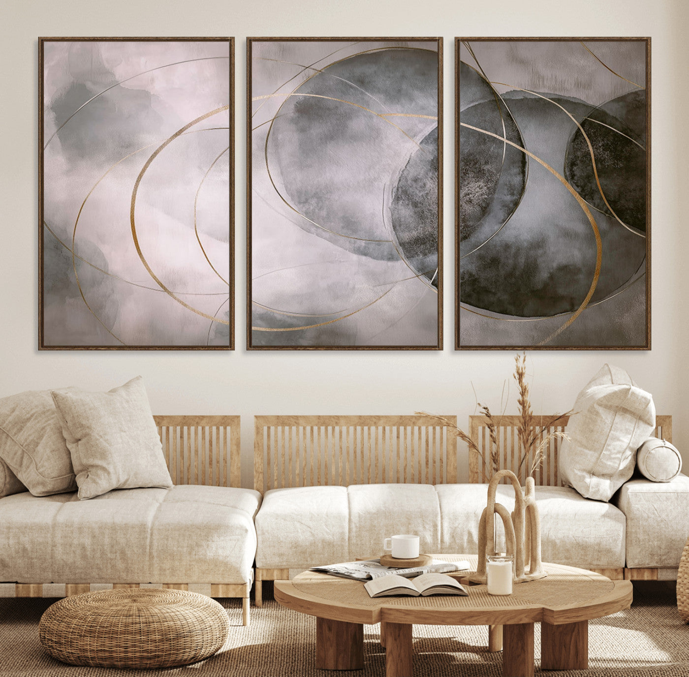 20066876-MGV-FC-60X30-3P_Walnut-Abstract Grey Gold Circle Wall Art – Modern Geometric Canvas Artwork, Minimal Elegant Design, Luxury Wall Decor for Home, Office