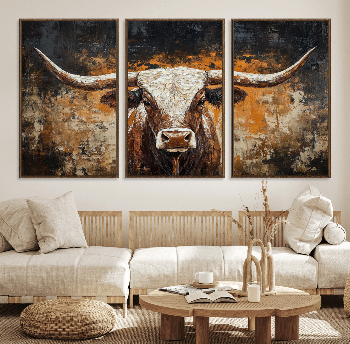 25265572-MGV-FC-60X30-3P_Walnut-Rustic Longhorn Bull Wall Art Canvas Print – Vintage Western Cattle Scene, Texas Steer Artwork for Home, Office