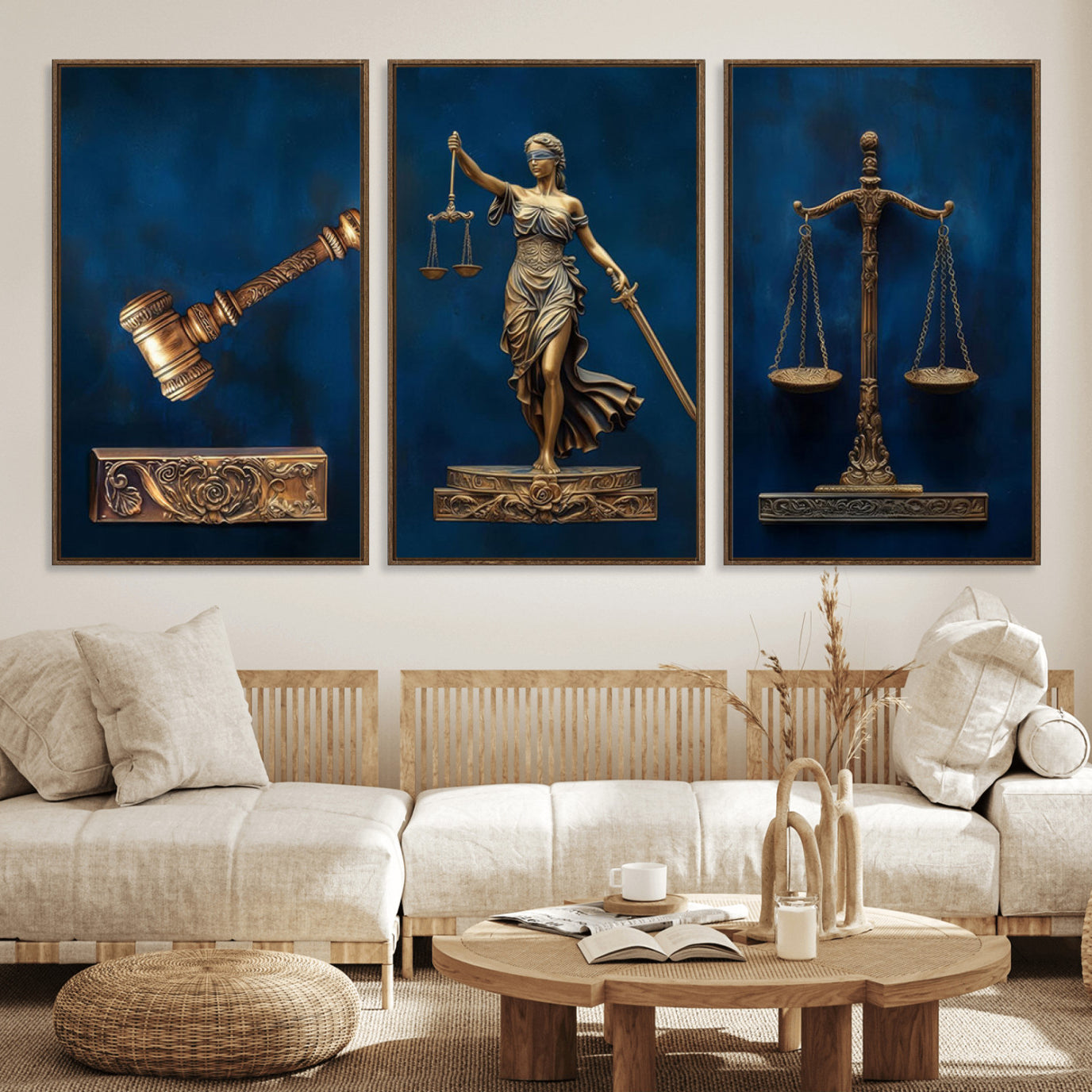 91629053-MGV-FC-60X30-3P_Walnut-Lady Justice Wall Art Canvas Print – Elegant Gold Legal Symbols Blue Background Artwork for Home, Office, Living Room