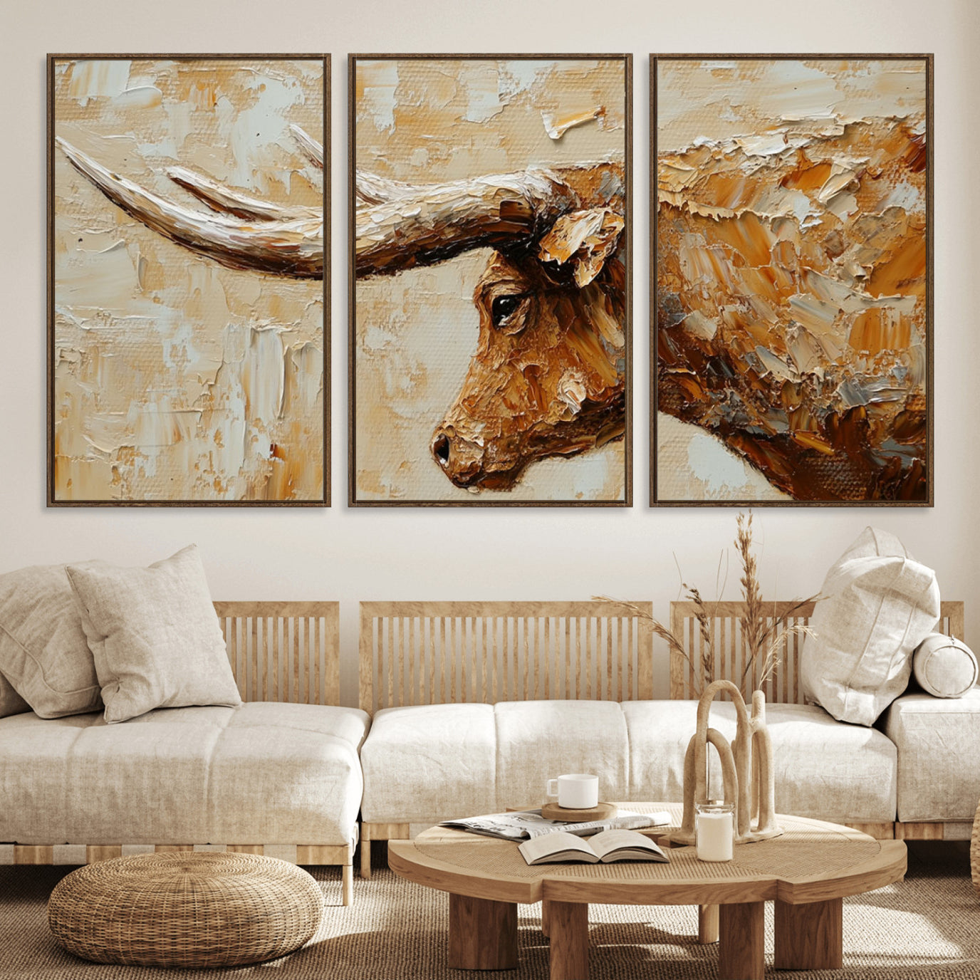 69611428-MGV-FC-60X30-3P_Walnut-Rustic Longhorn Bull Wall Art Canvas Print – Vintage Western Cattle Scene, Texas Steer Artwork for Home, Office