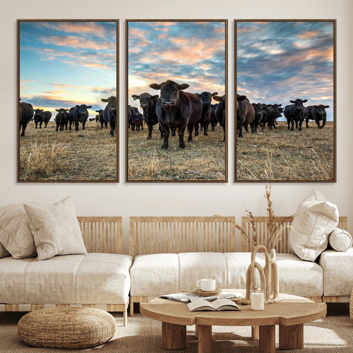 13867292-MGV-FC-60X30-3P_Walnut-Texas Longhorn Cattle Wall Art Canvas Print – Rustic Western Ranch Scene with Steers Sunset for Home, Office