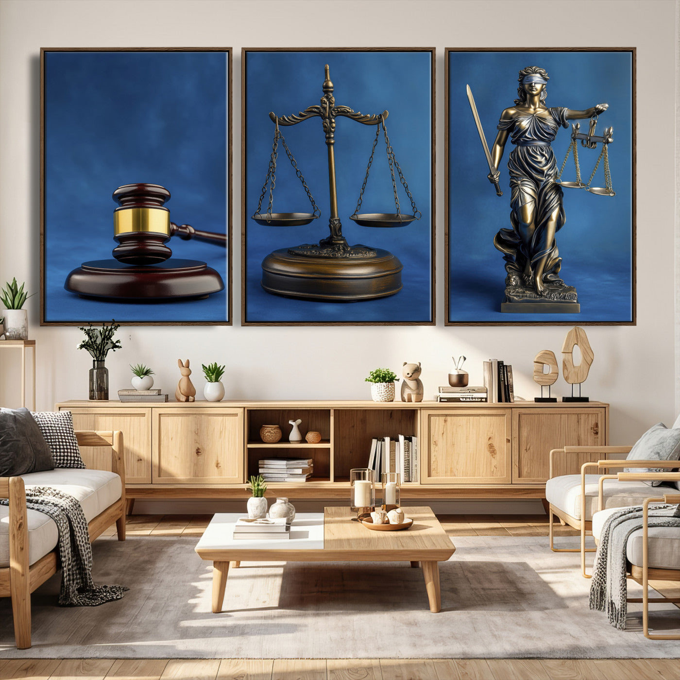 27565987-MGV-CV-60X30-3P - Legal Justice Wall Art Canvas – Gavel, Scales & Lady Justice with Courtroom Canvas Print for Law Office or Lawyer Gifts
