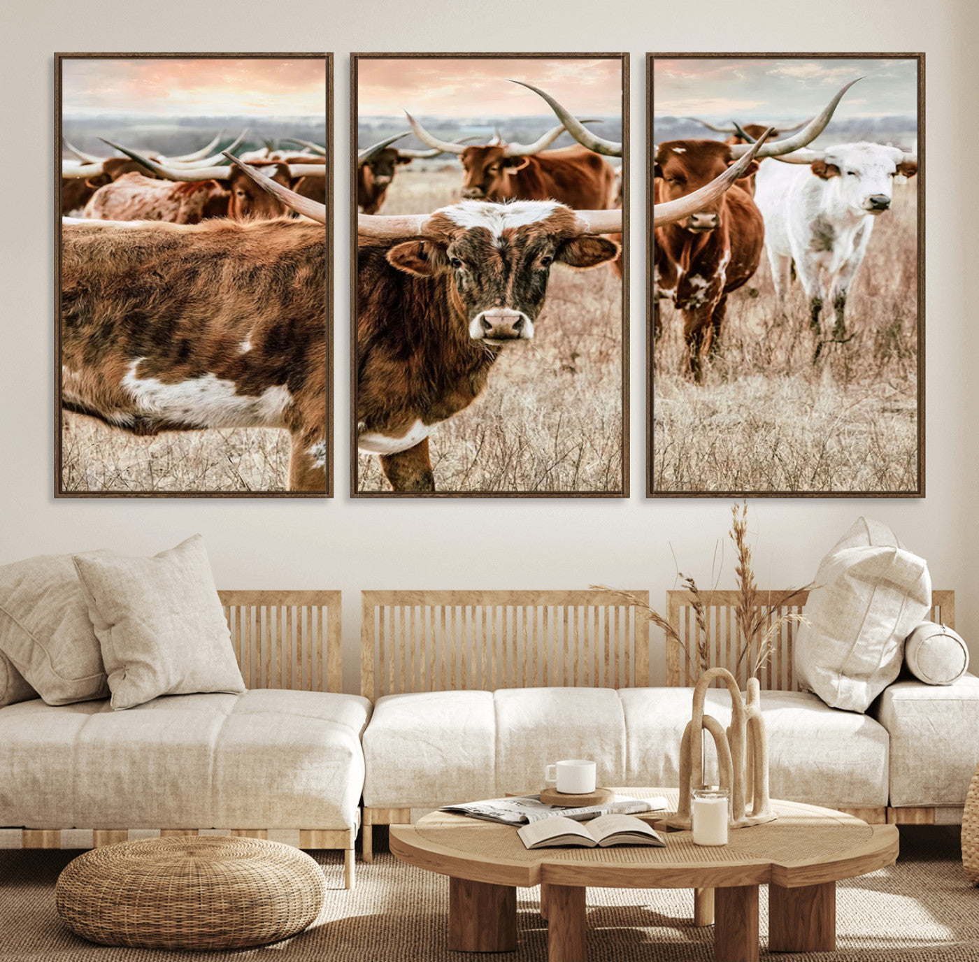 47758300-MGV-FC-60X30-3P_Walnut-Texas Longhorn Cattle Wall Art Canvas Print – Rustic Western Ranch Scene with Steers Sunset for Home, Office