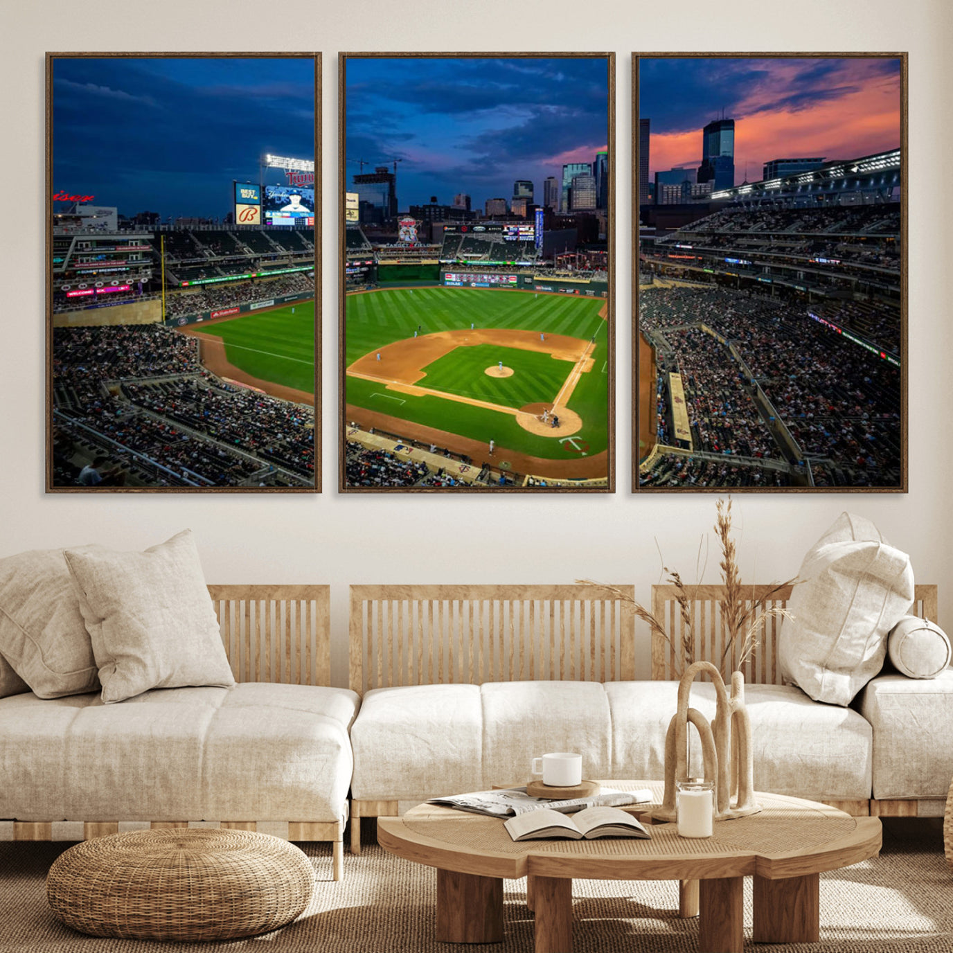 68222753-MGV-FC-60X30-3P_Walnut-Target Field Wall Art Canvas Print – Baseball Stadium Scene, Minneapolis Major League Baseball Artwork for Home, Office
