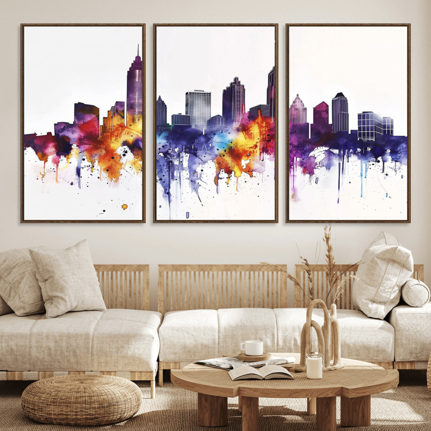34479880-MGV-FC-60X30-3P_Walnut-Atlanta Skyline Wall Art Canvas Print – Framed Colorful Watercolor Cityscape Artwork for Home, Office, Living Room