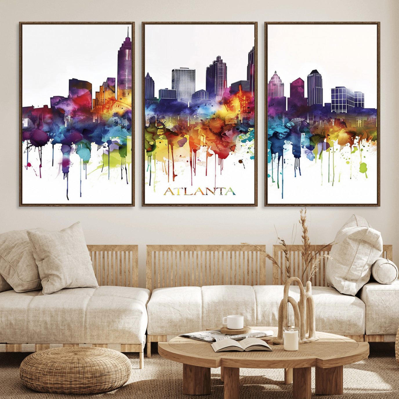 36048320-MGV-FC-60X30-3P_Walnut-Atlanta Skyline Wall Art Canvas Print – Framed Colorful Watercolor Cityscape Abstract Urban Artwork for Home, Office