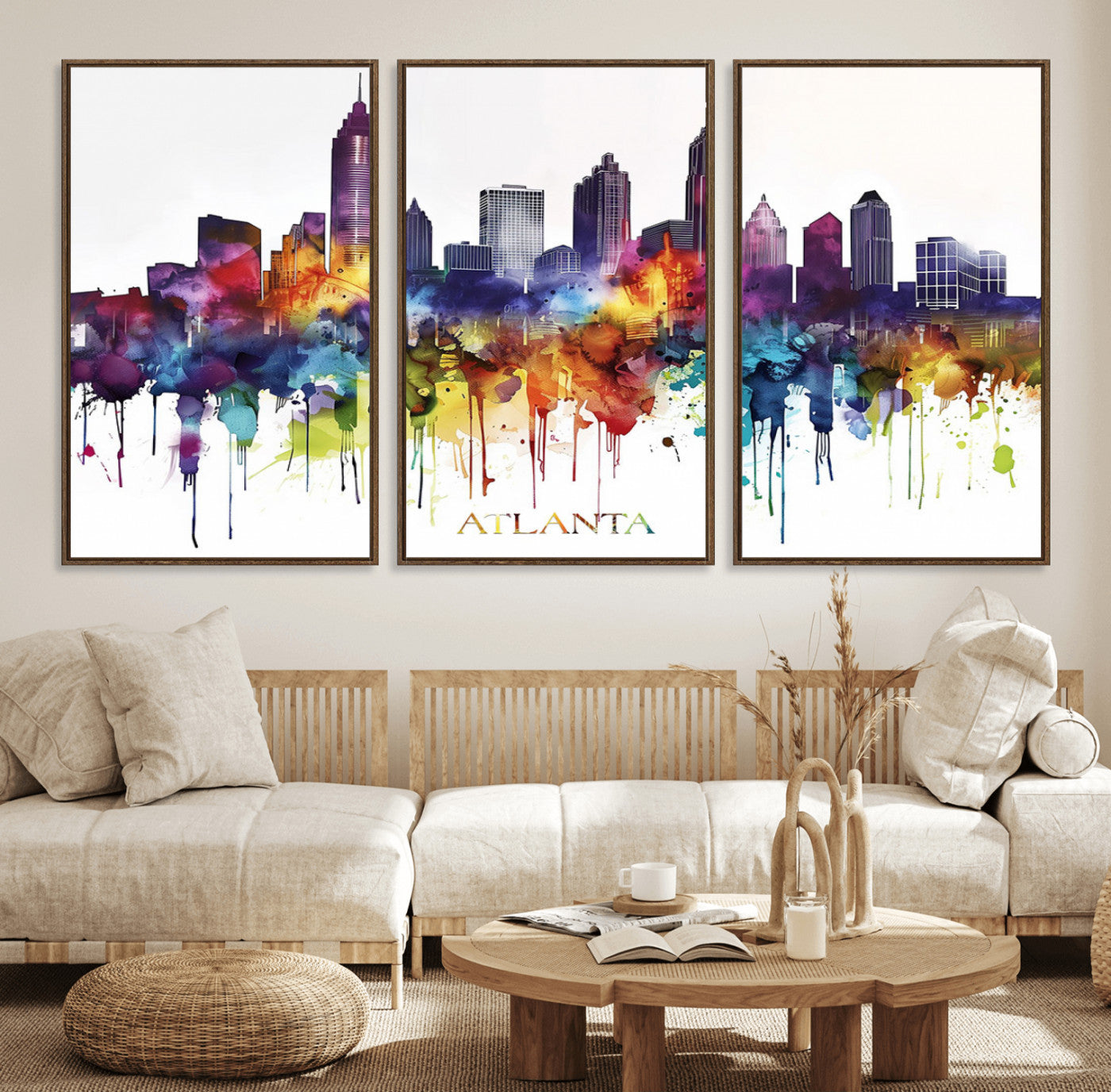 36048320-MGV-FC-60X30-3P_Walnut-Atlanta Skyline Wall Art Canvas Print – Framed Colorful Watercolor Cityscape Abstract Urban Artwork for Home, Office