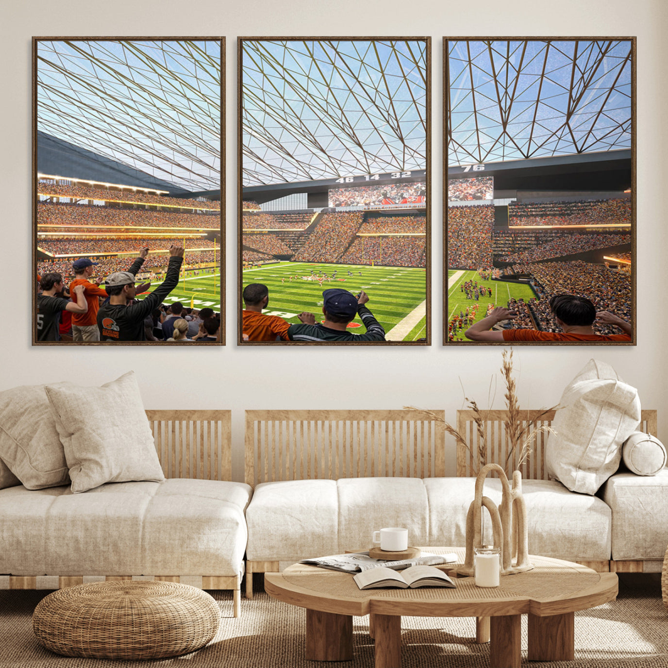 81960112-MGV-FC-60X30-3P_Walnut-Cleveland Browns Stadium Wall Art Canvas Print – Framed NFL Football Arena Artwork for Home, Office, Living Room