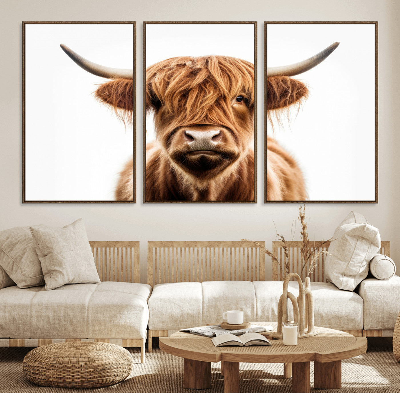 637908607-MGV-FC-60X30-3P_Walnut-Scottish Highland Cow Canvas Print, Framed Highland Cow Canvas Home Decor